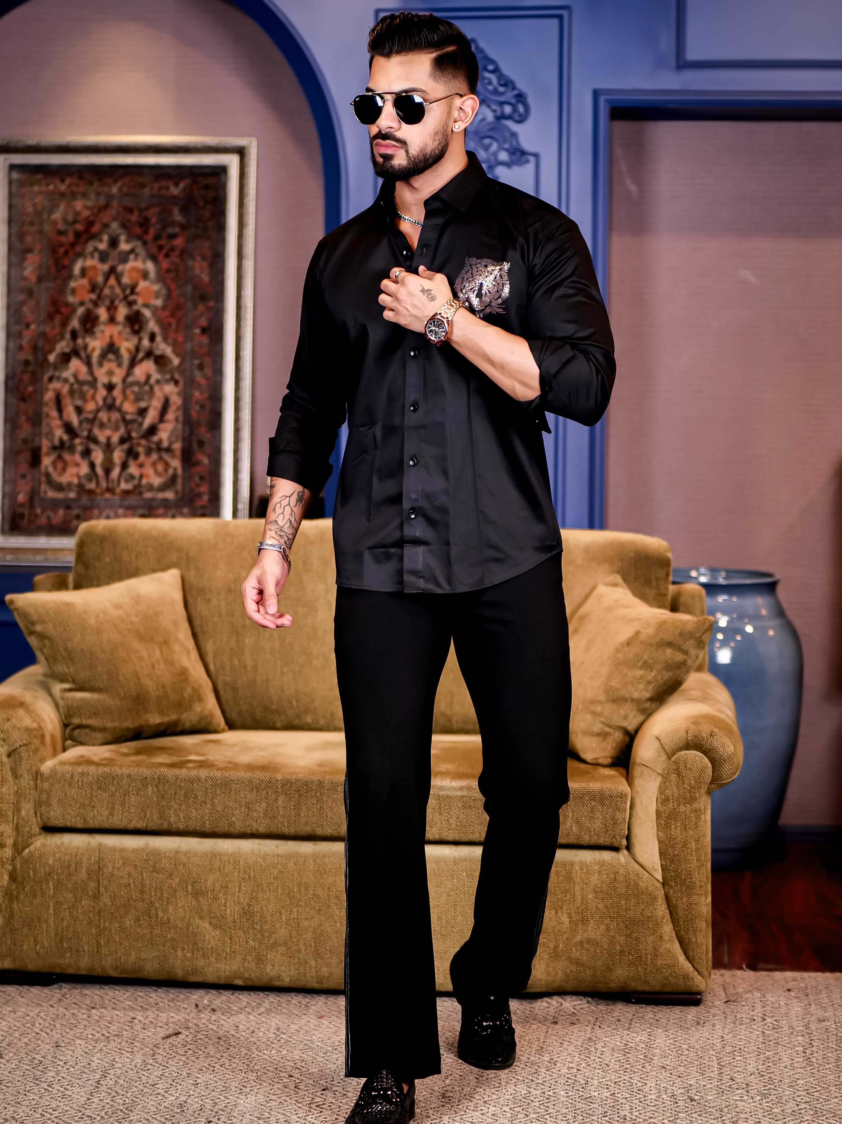 Black Club Wear Tiger Sequence Satin Cotton Party Shirt - Image 6