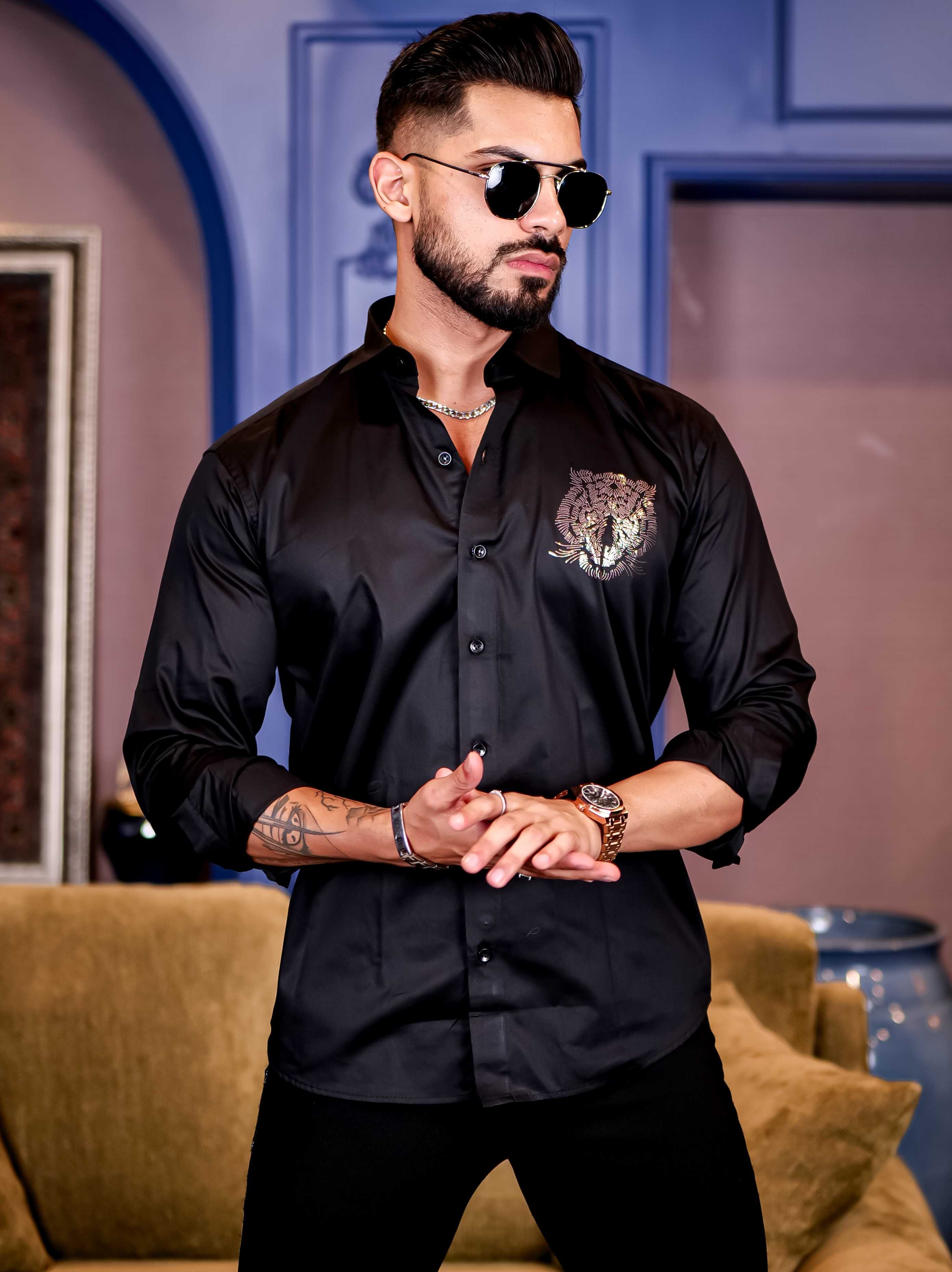 Black Club Wear Tiger Sequence Satin Cotton Party Shirt - Image 7