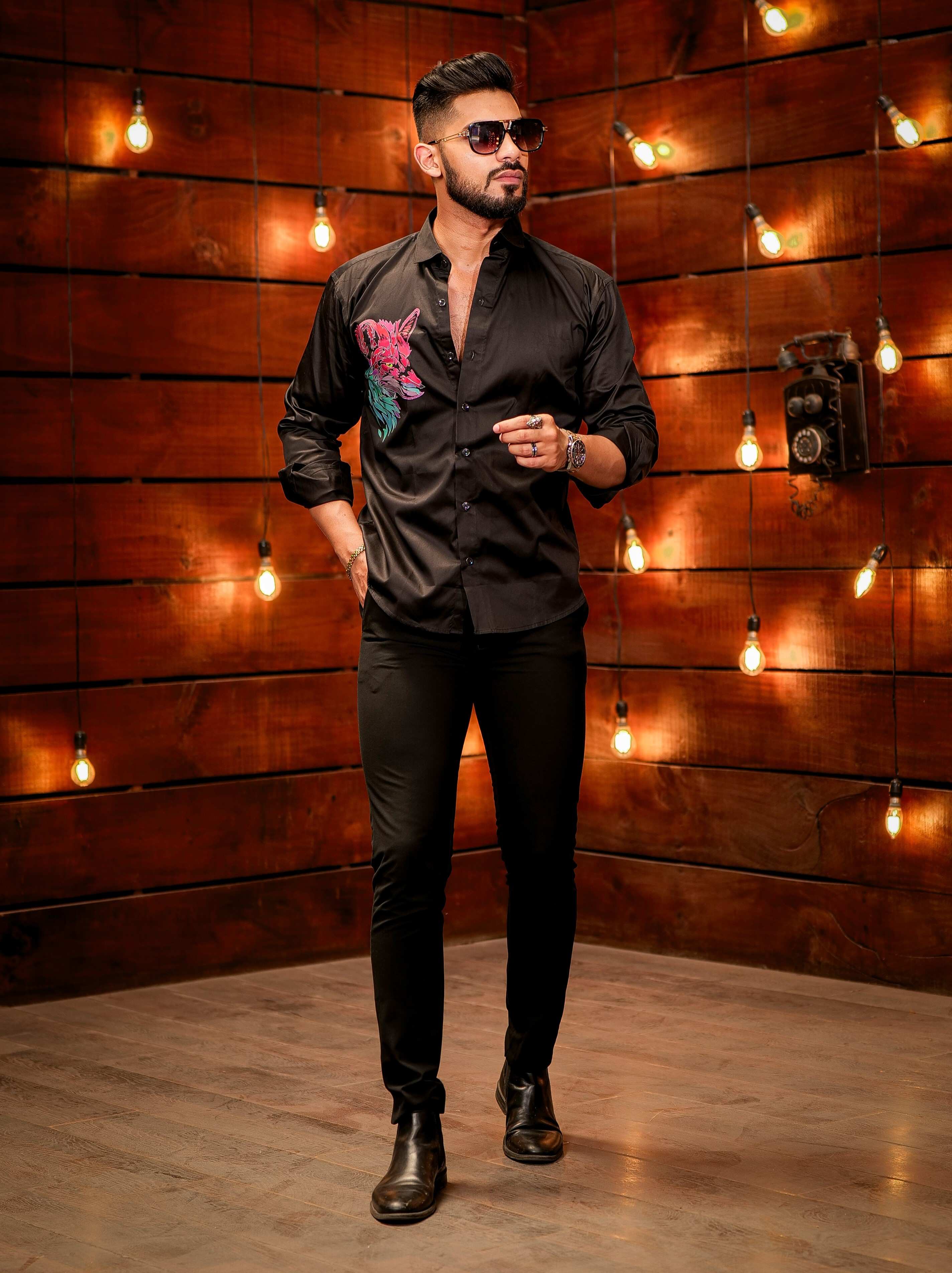 Black ClubWear Printed Satin Cotton Shirt - Image 6