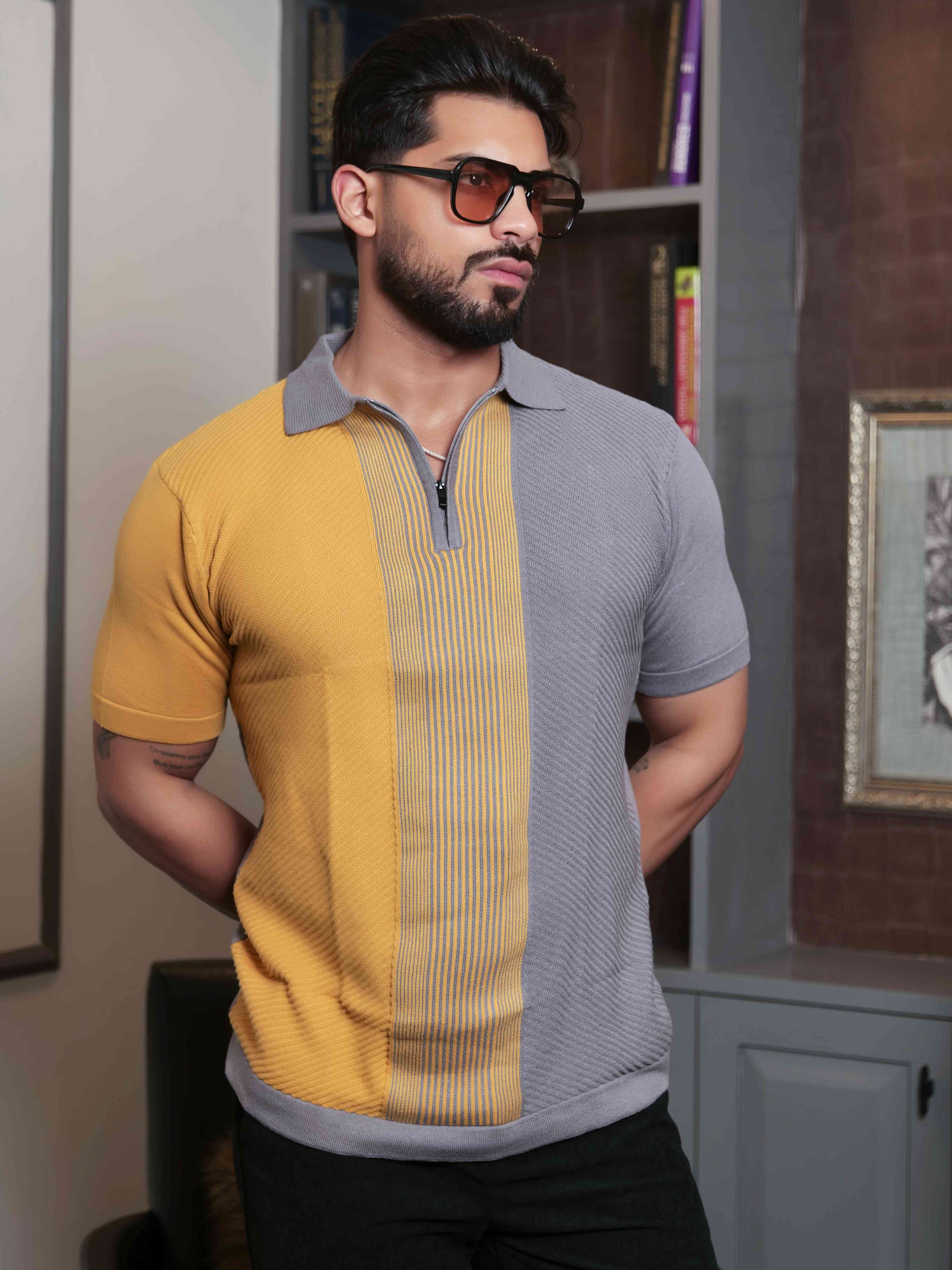 FOOMER YELLOW AND GREY HALF SLEEVE KNITED TSHIRT FOR MEN'S - Image 4
