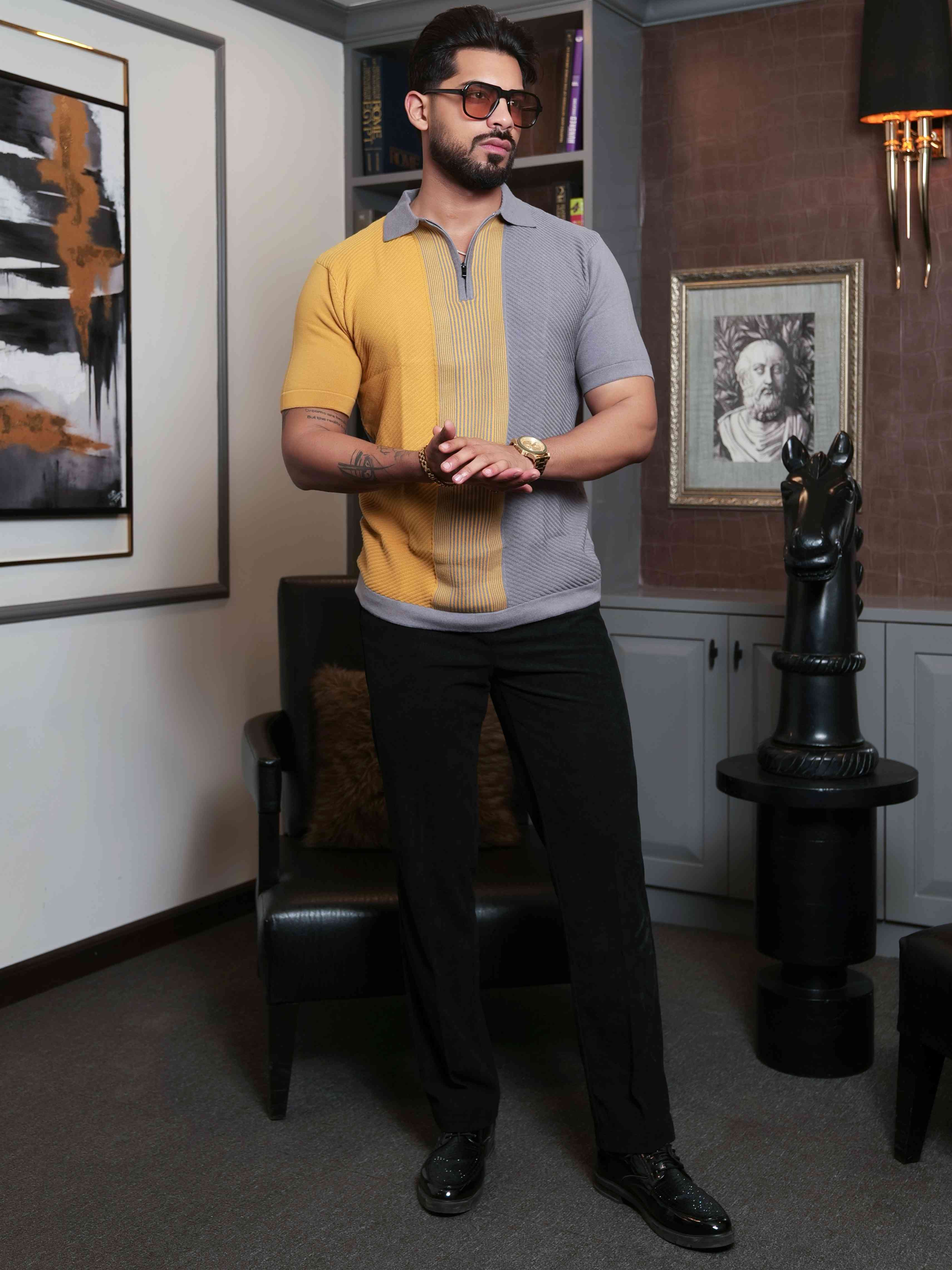 FOOMER YELLOW AND GREY HALF SLEEVE KNITED TSHIRT FOR MEN'S - Image 7