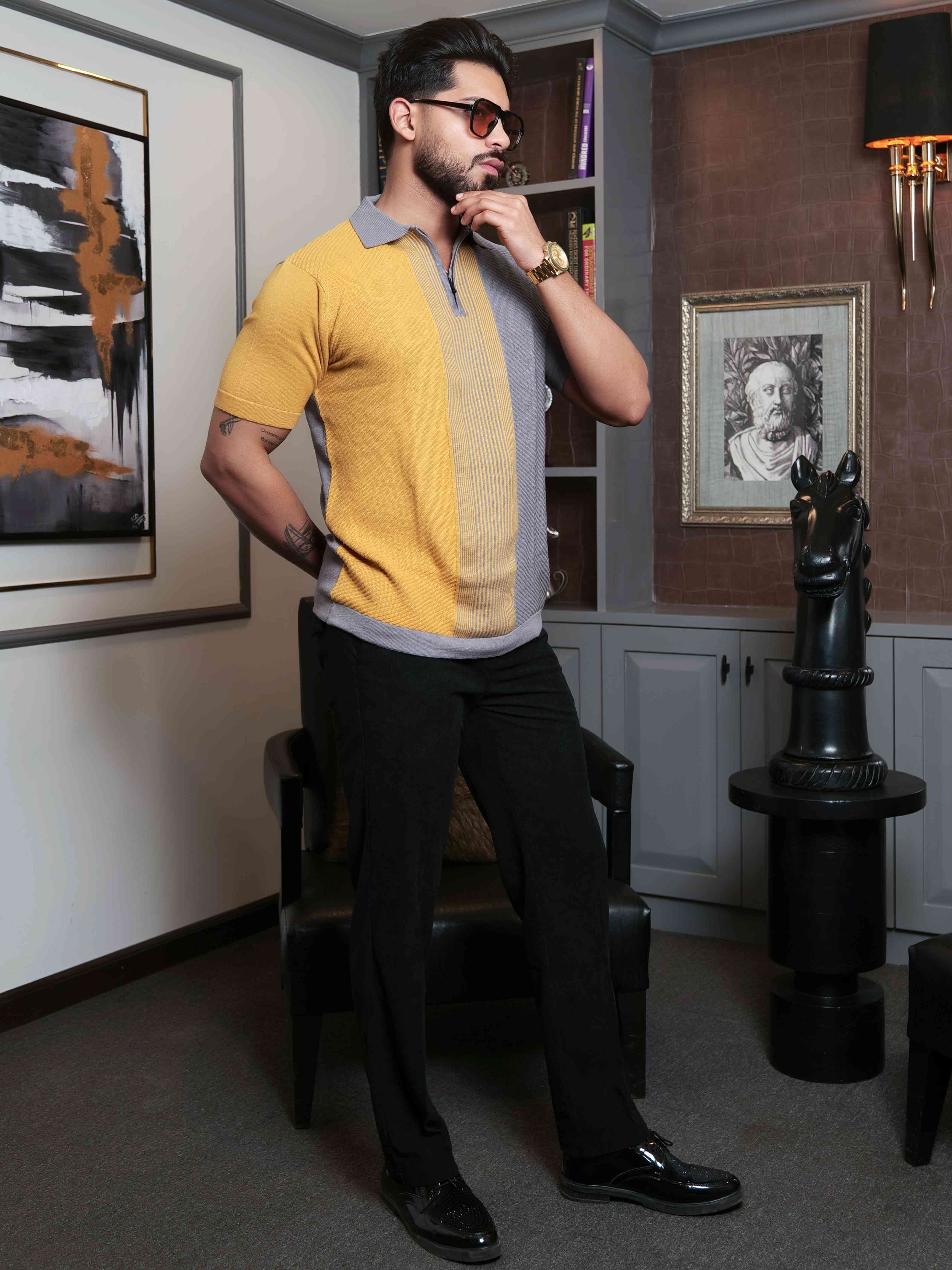 FOOMER YELLOW AND GREY HALF SLEEVE KNITED TSHIRT FOR MEN'S - Image 8