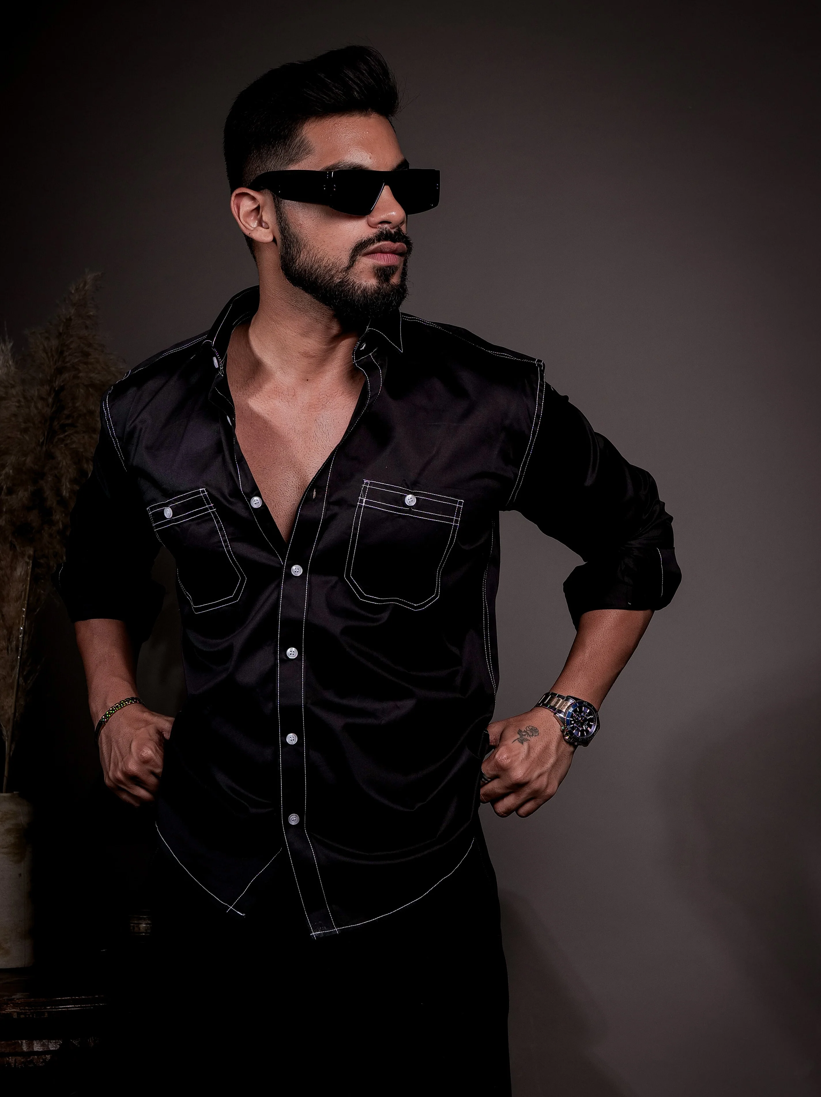 Black Designer Giza Satin Cotton Shirt - Image 5