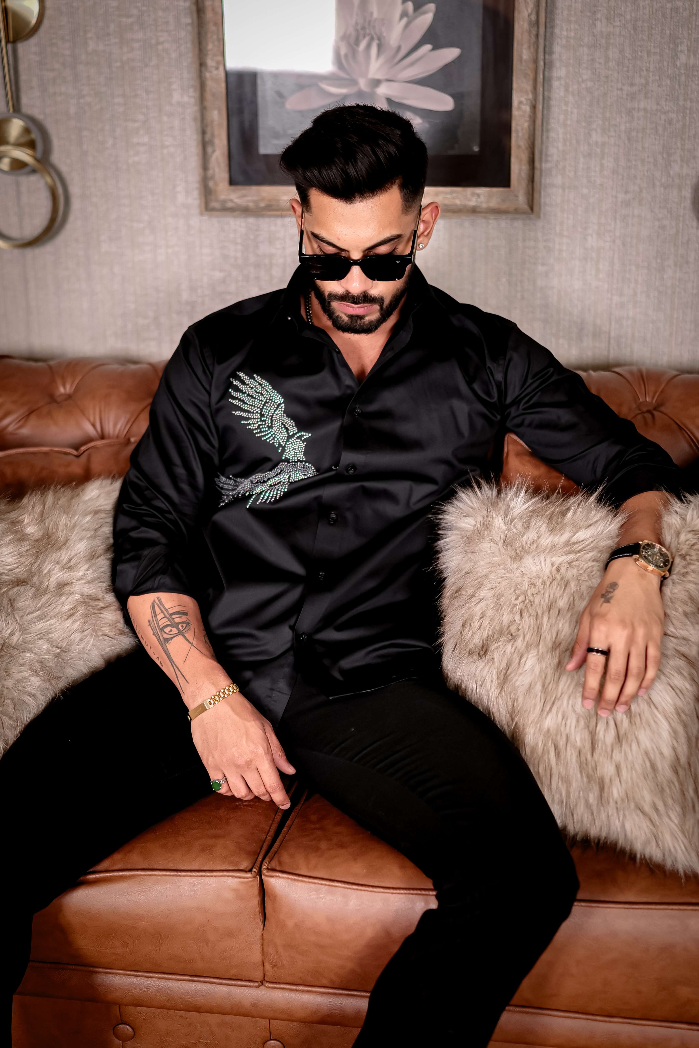 Black Eagle Club Wear Starry Beaded Satin Cotton Premium Party Shirt - Image 12
