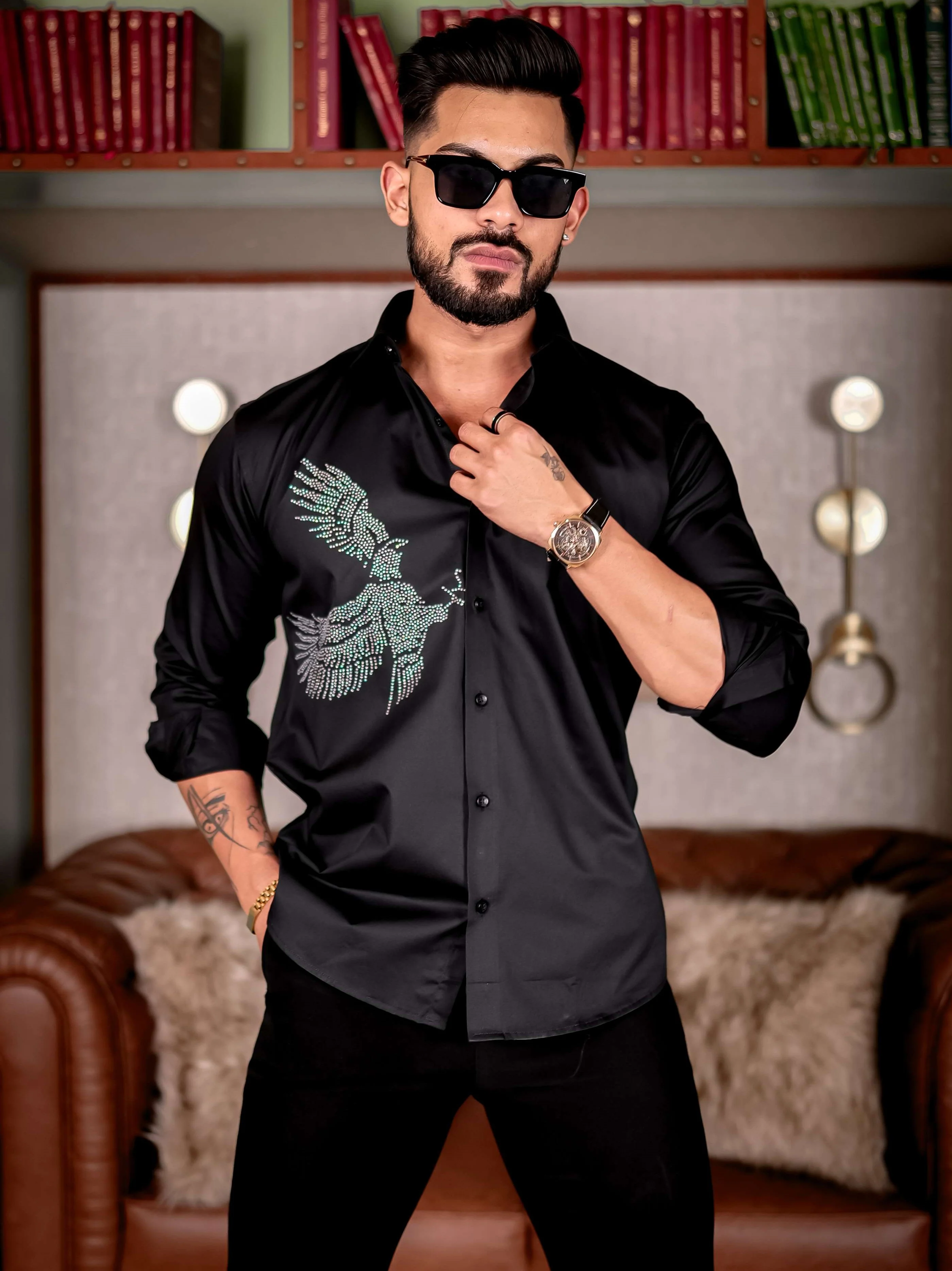 Black Eagle Club Wear Starry Beaded Satin Cotton Premium Party Shirt - Image 7