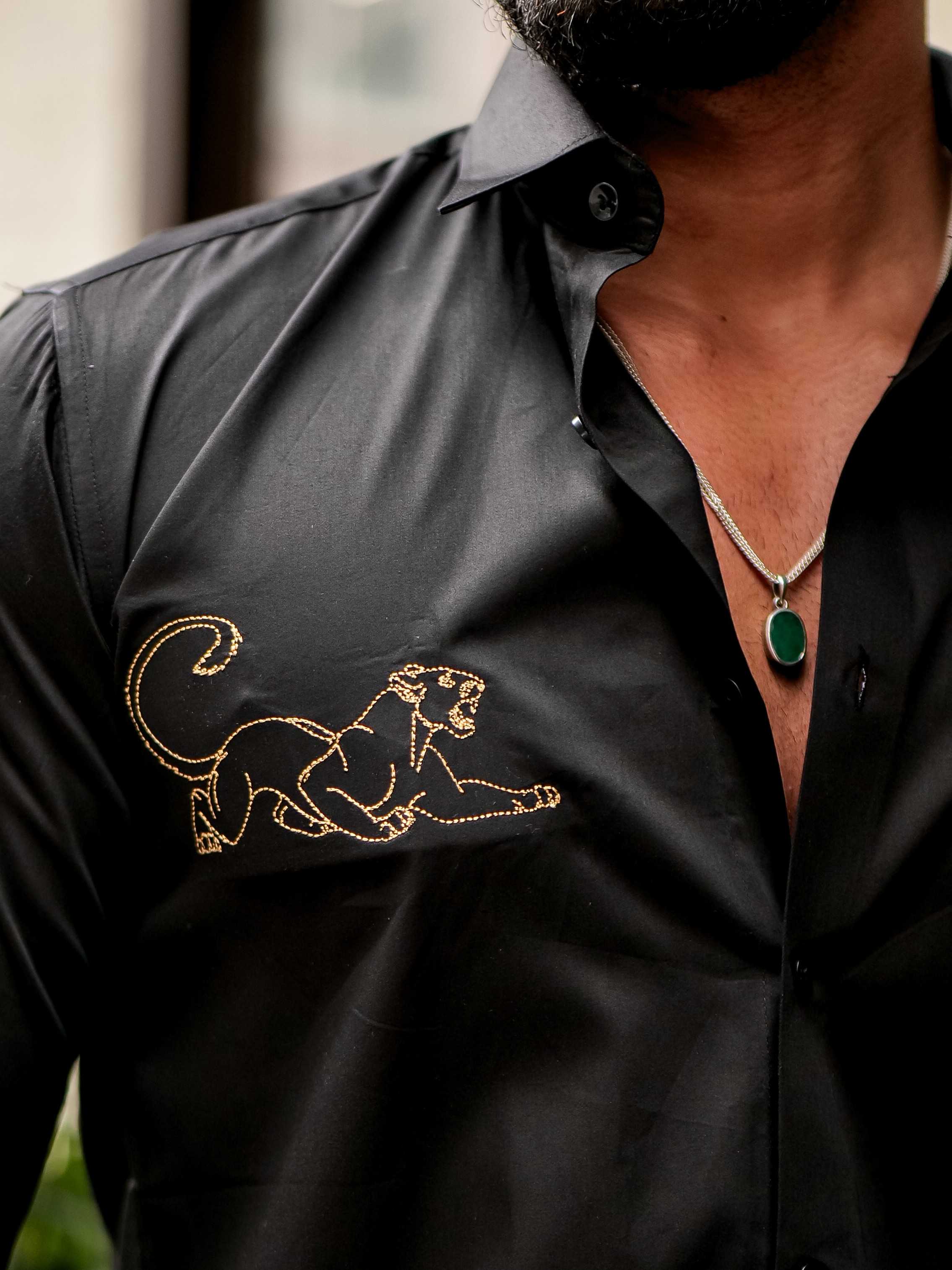 BLACK EMBROIDERED DESIGNER SATIN COTTON SHIRT FOR MEN'S - Image 2