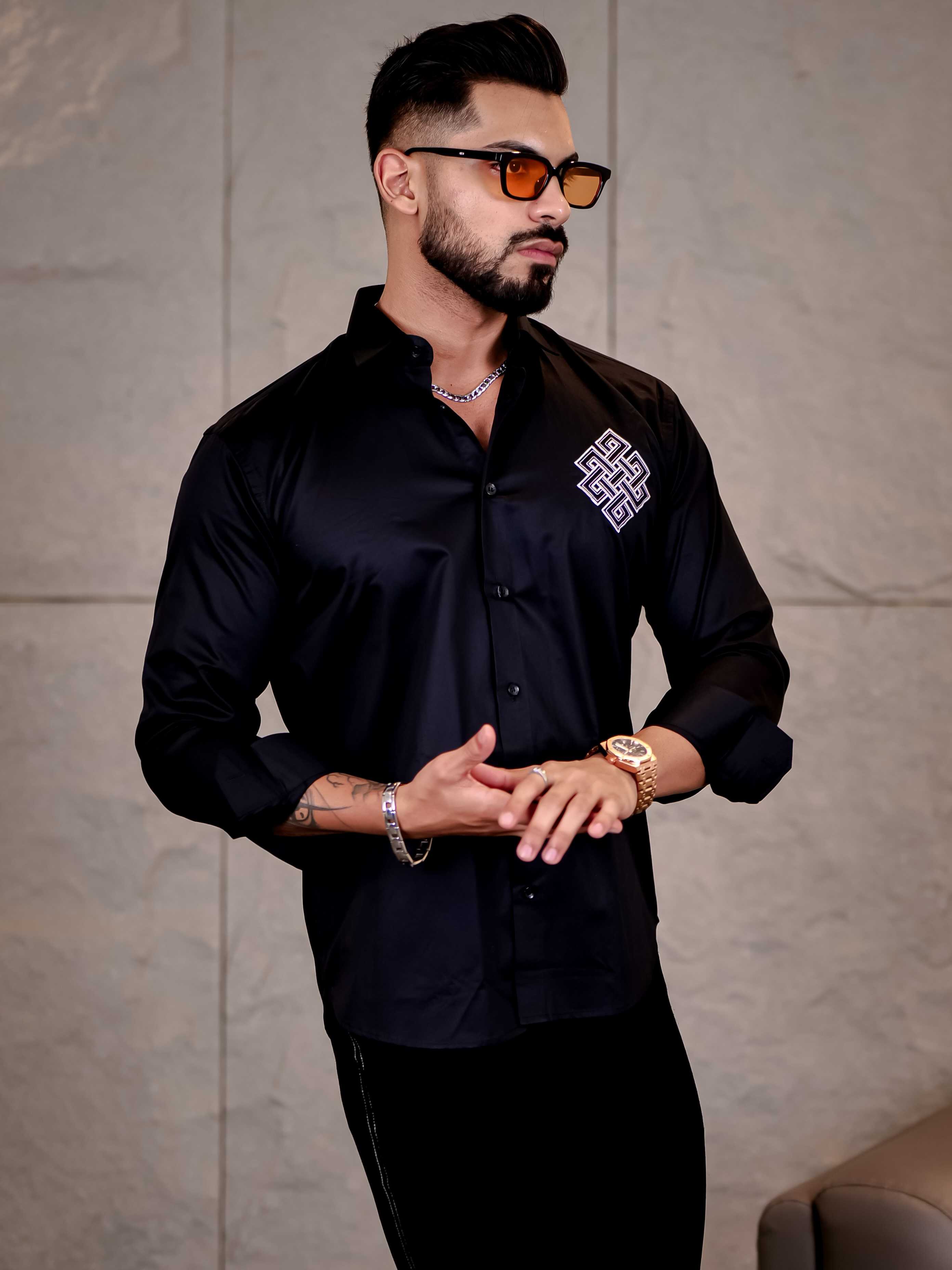 Black Embroidered Premium Cotton Shirt For Men - Image 4