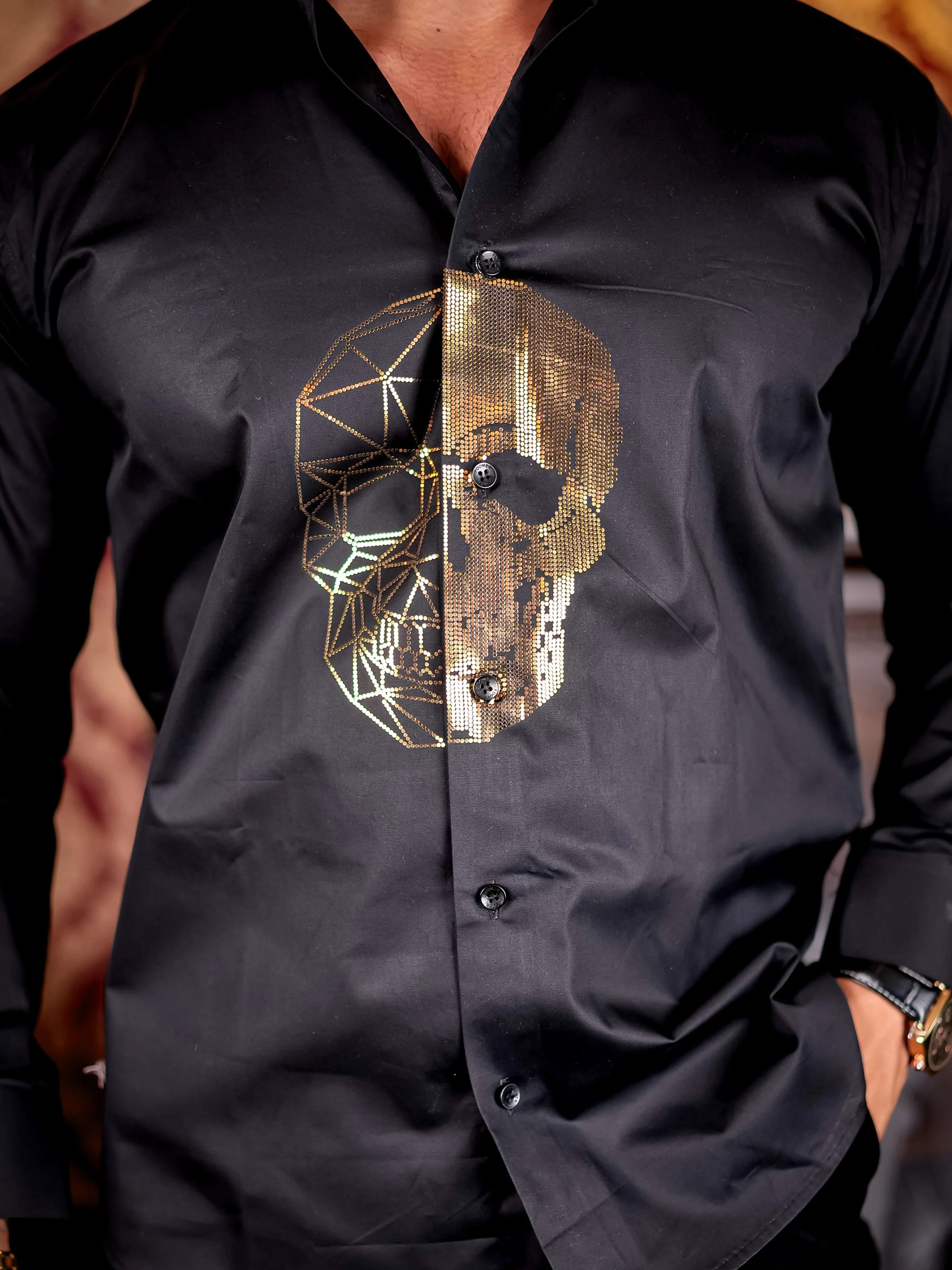 Black Horror Sequin Club Wear Satin Cotton Party Shirt - Image 2