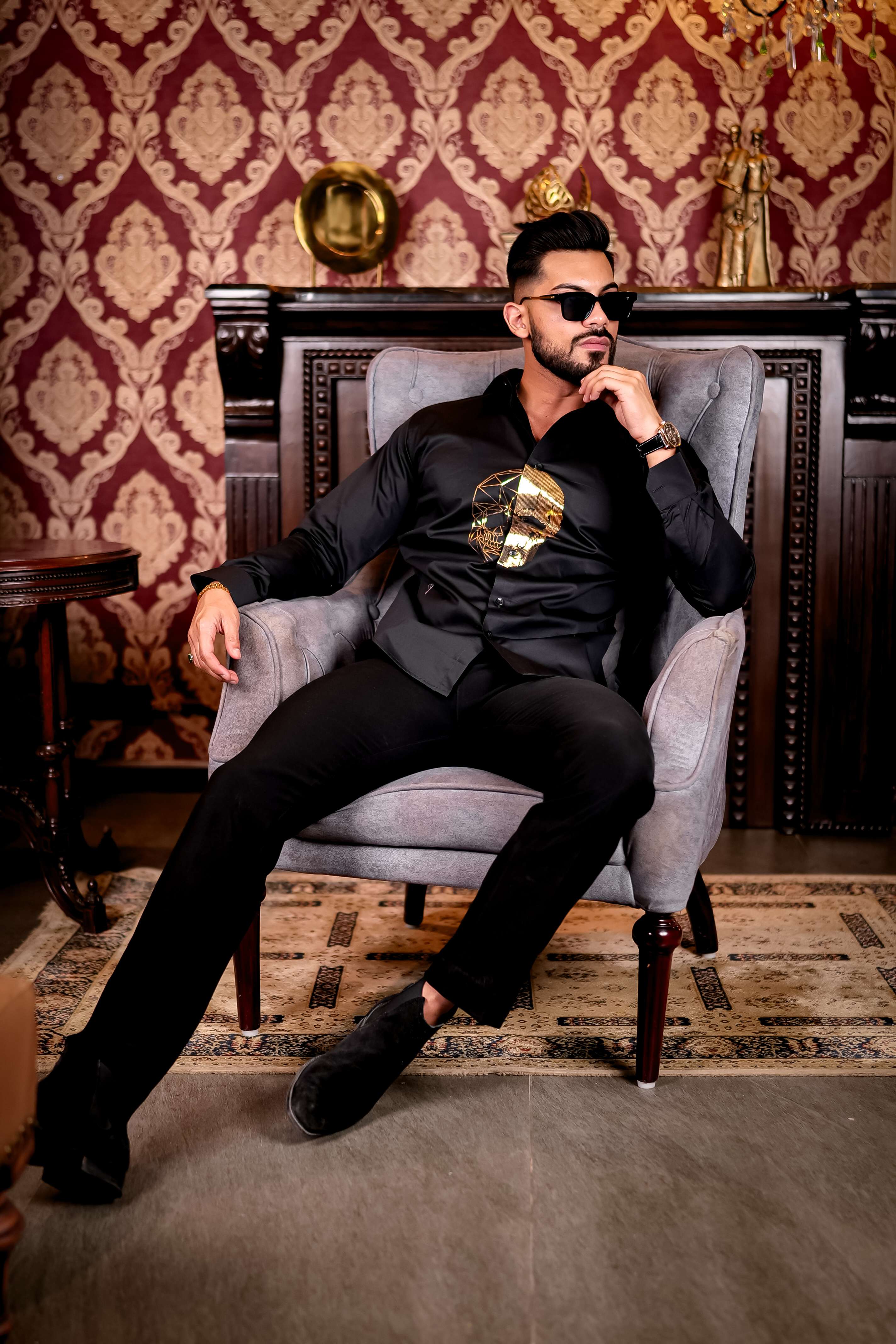 Black Horror Sequin Club Wear Satin Cotton Party Shirt - Image 3