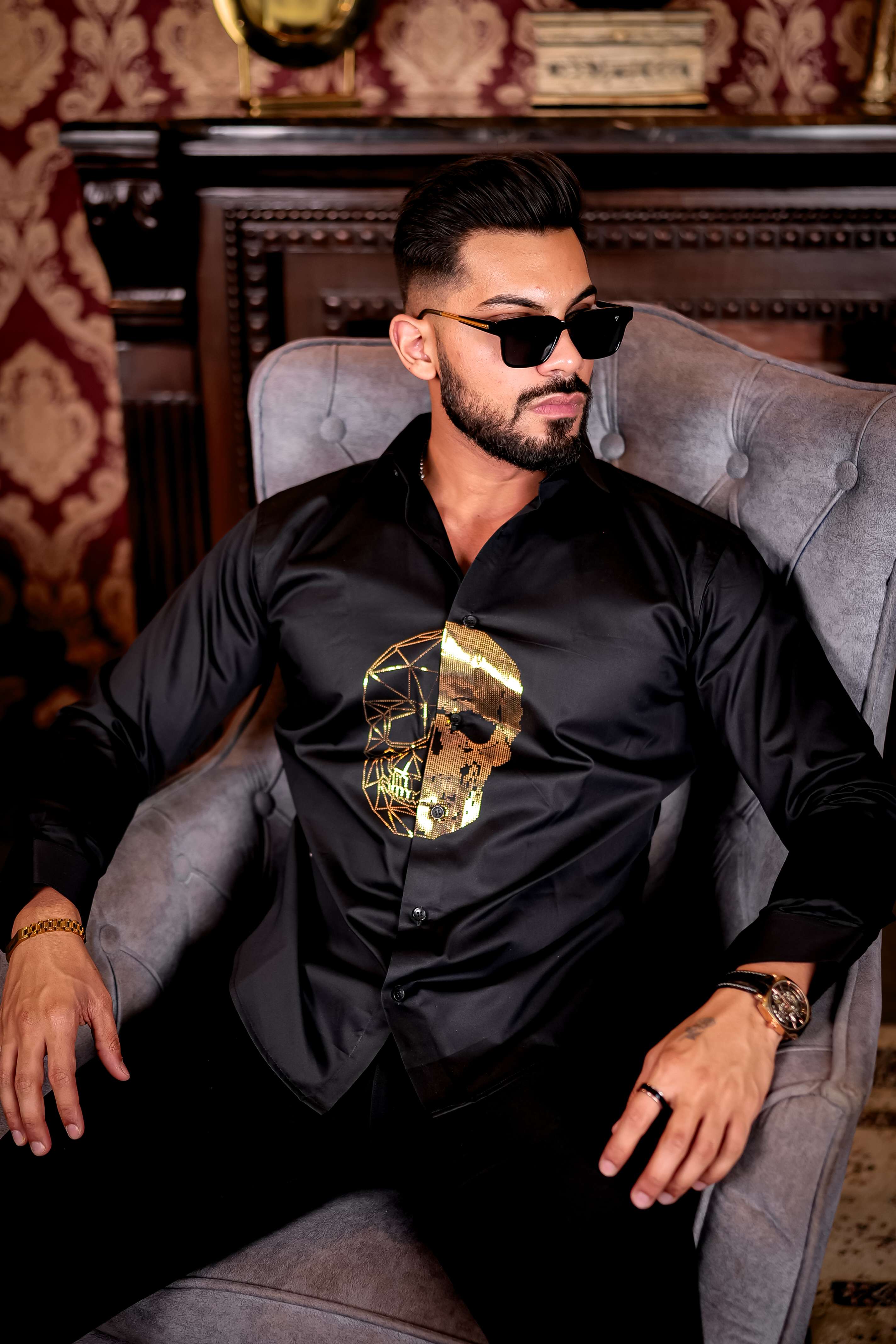 Black Horror Sequin Club Wear Satin Cotton Party Shirt - Image 4