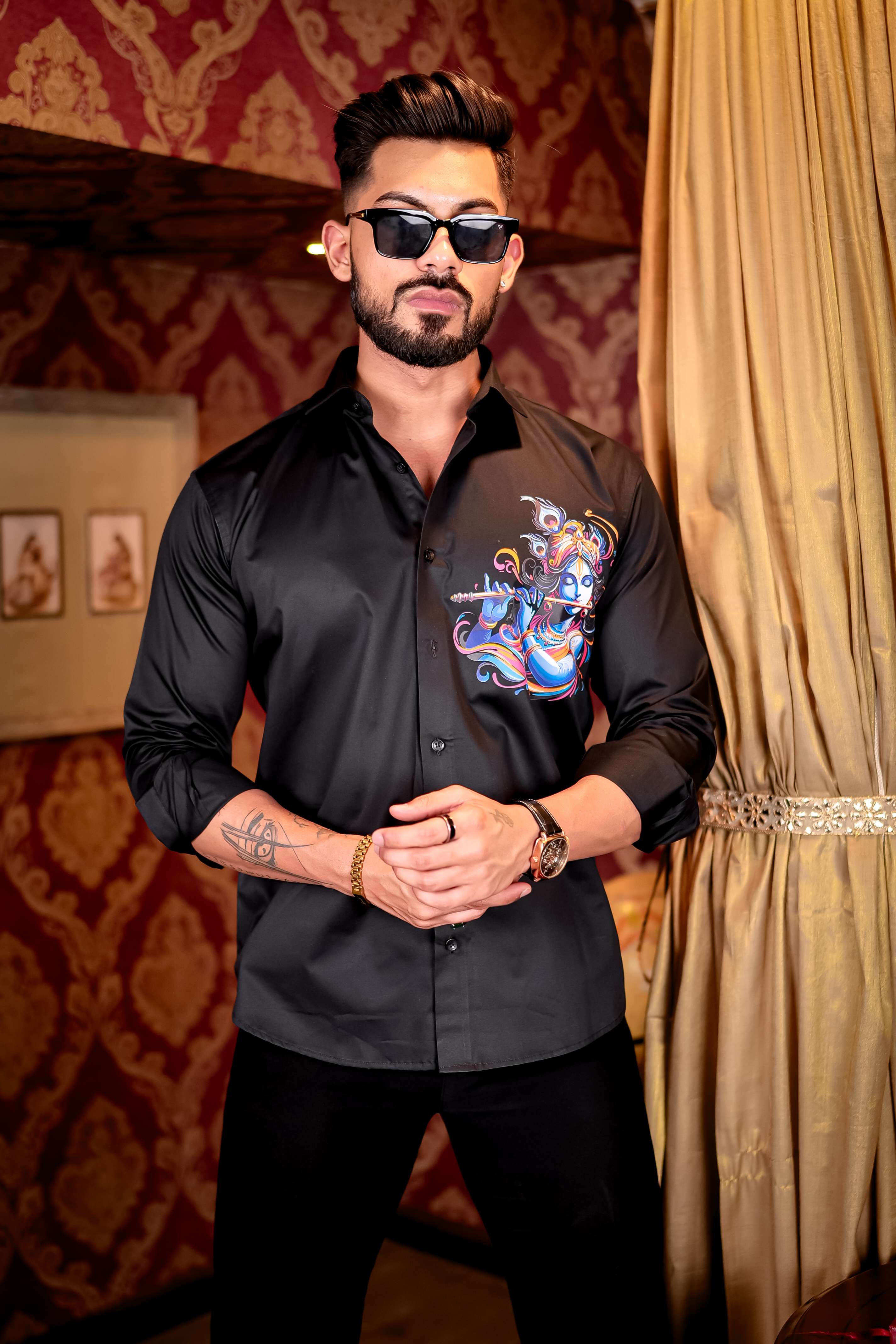 Black Lord Krishna Club Wear Printed Satin Cotton Shirt - Image 5