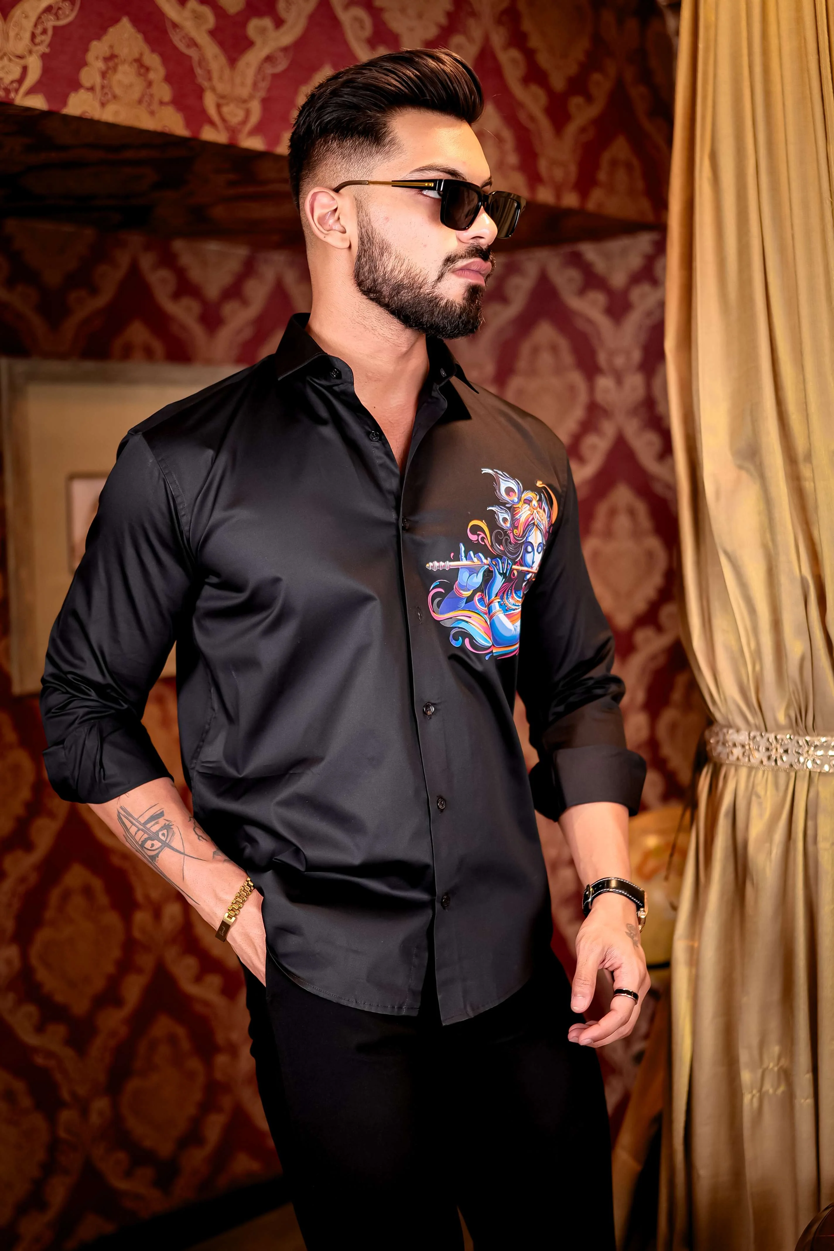 Black Lord Krishna Club Wear Printed Satin Cotton Shirt - Image 6