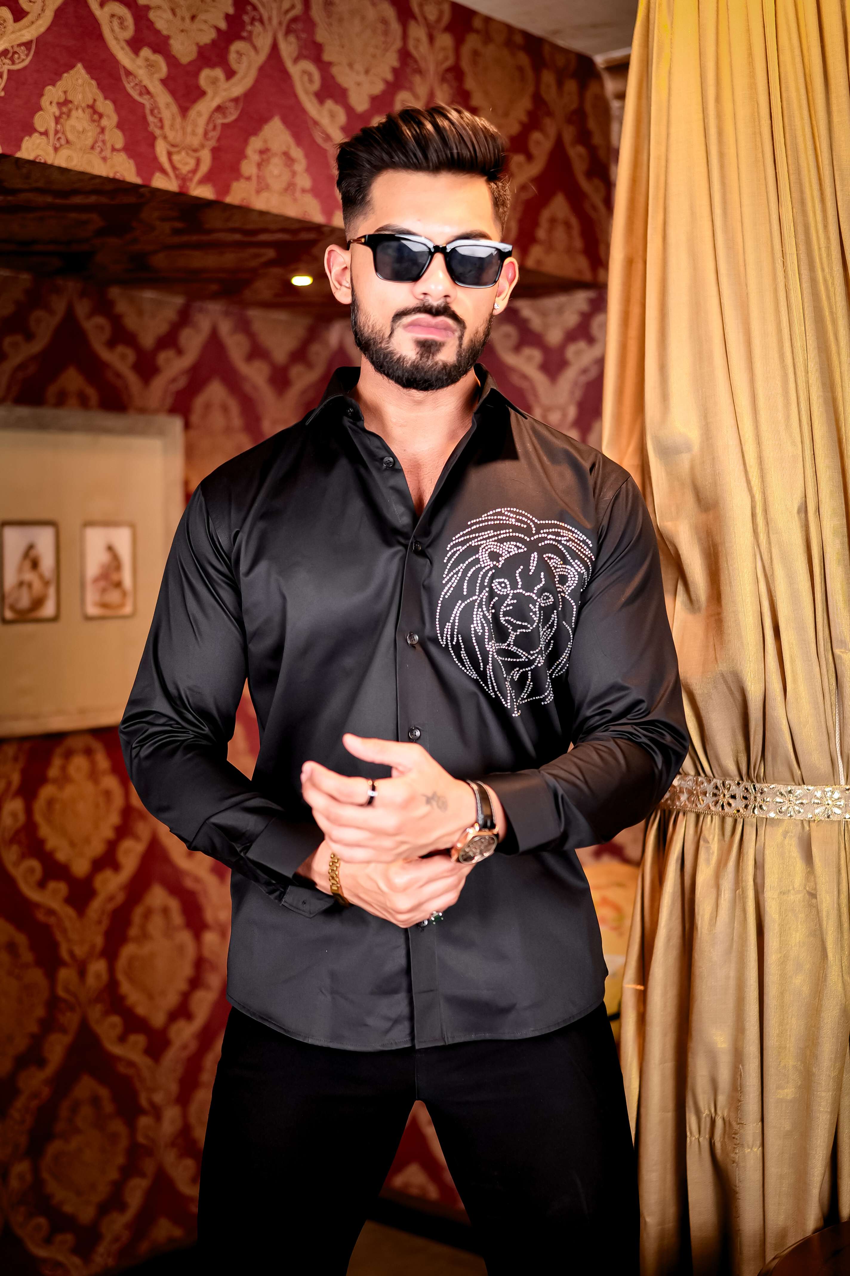 Black Mufasa Starry Beaded Satin Cotton Premium Party Shirt - Image 10