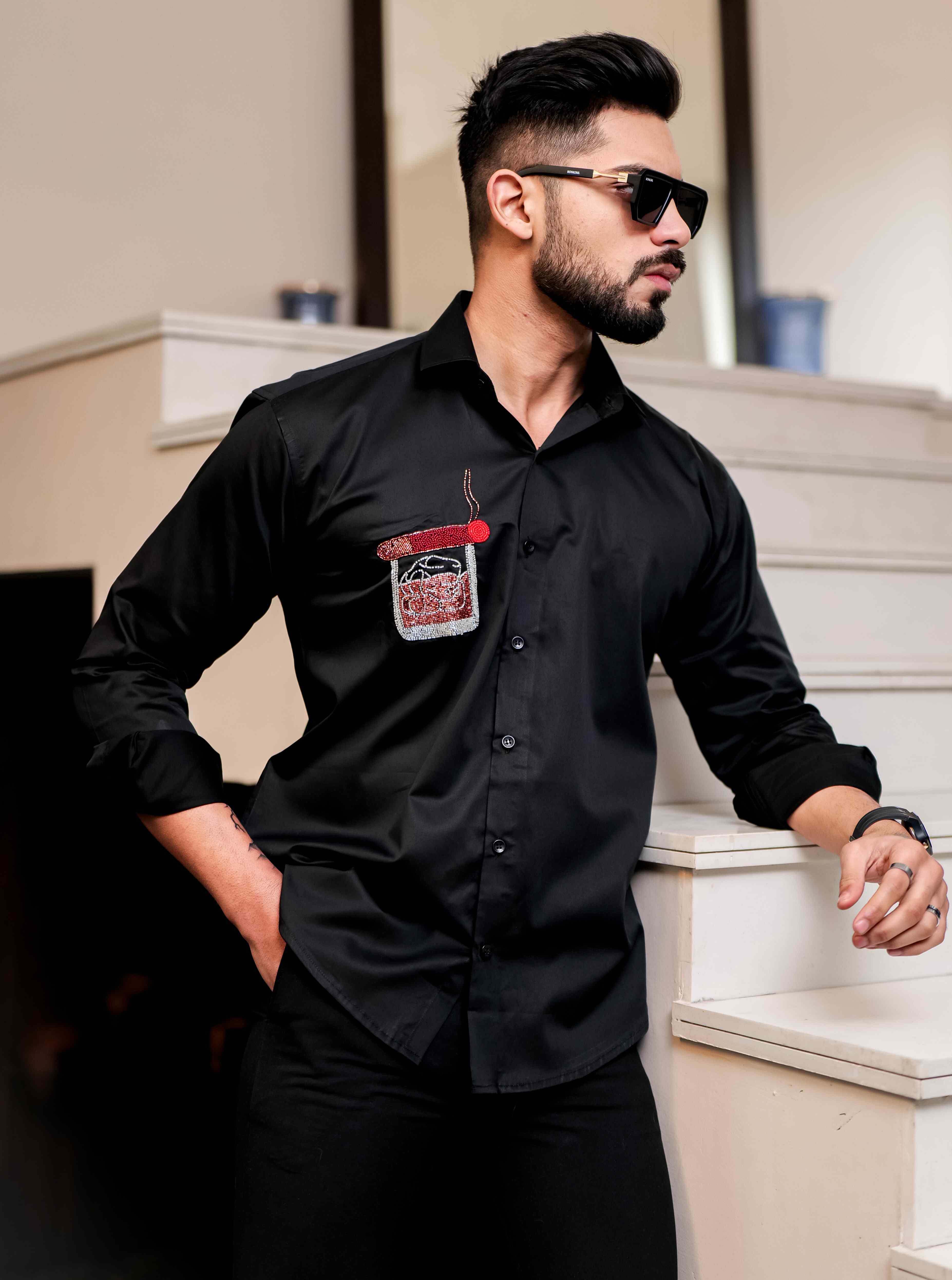Black Rhinestone Hand Work Satin Cotton Premium Shirt - Image 5
