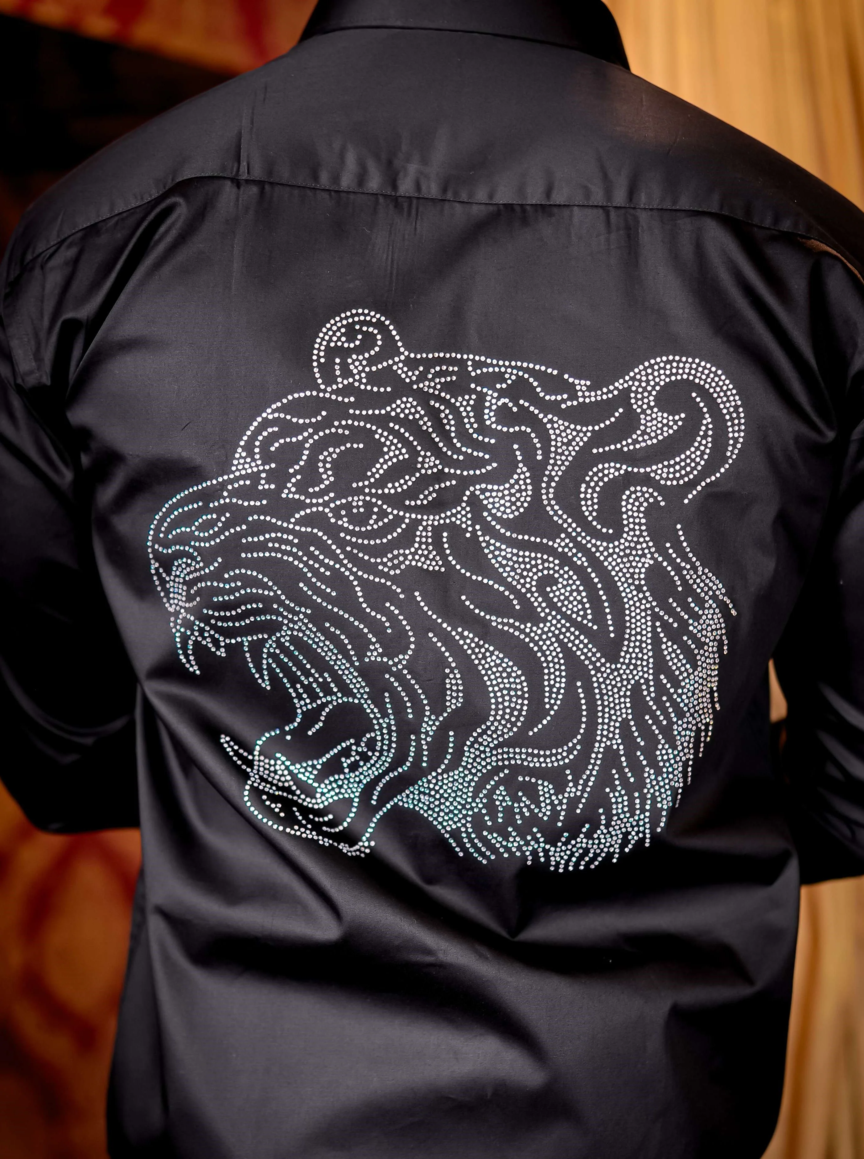 Black Roar Tiger Starry Beaded Satin Cotton Premium Party Shirt - Image 2