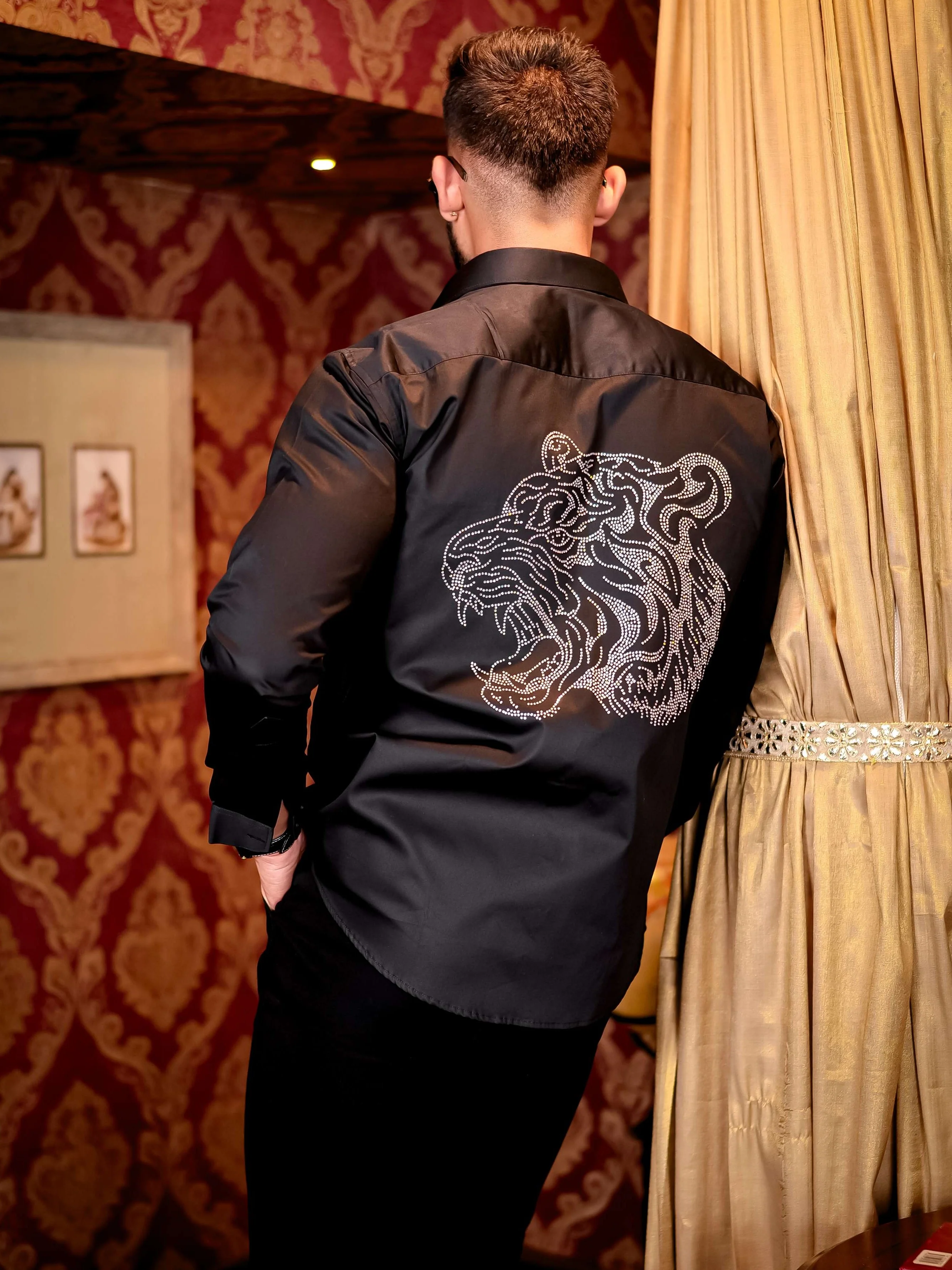 Black Roar Tiger Starry Beaded Satin Cotton Premium Party Shirt - Image 3