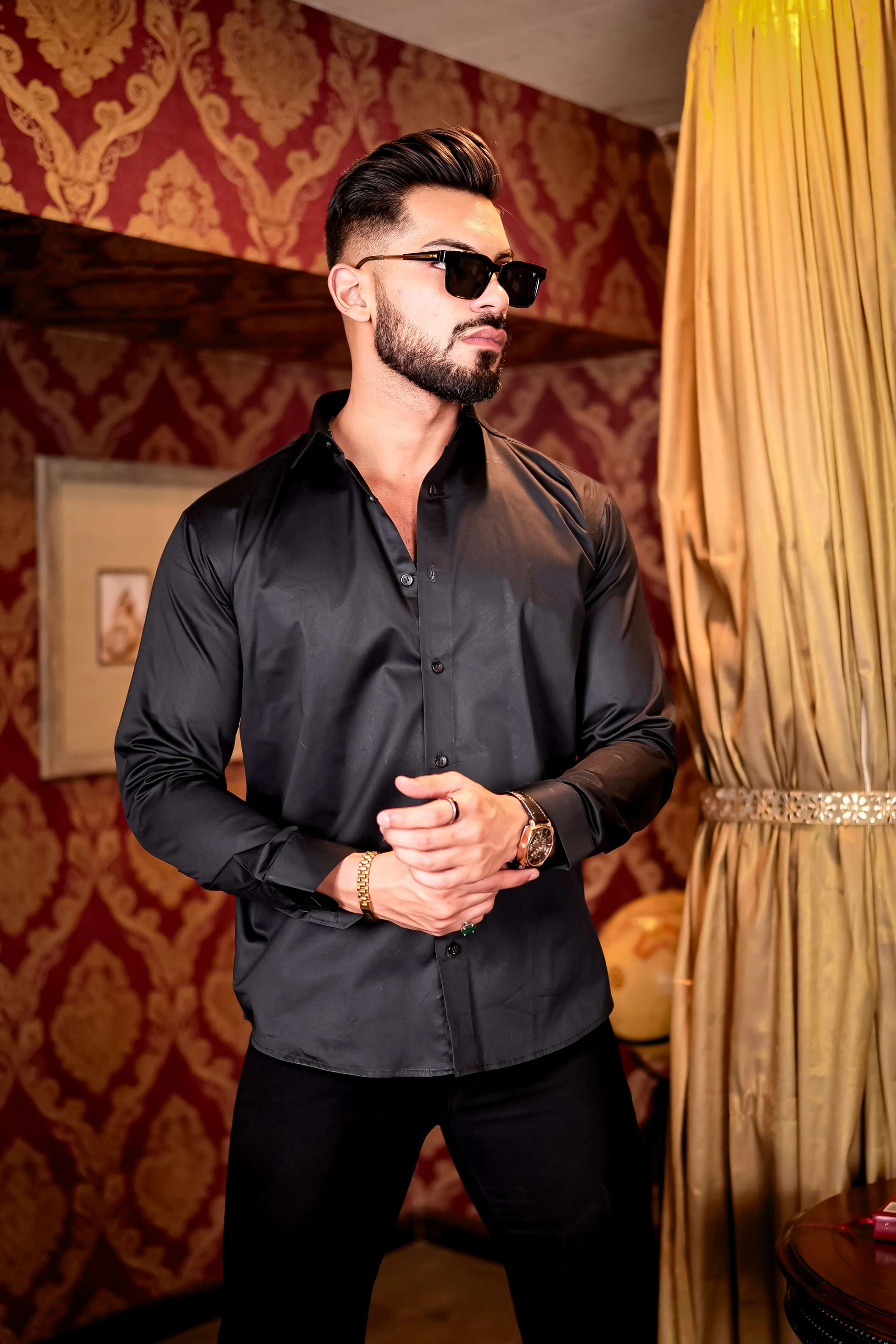 Black Roar Tiger Starry Beaded Satin Cotton Premium Party Shirt - Image 4