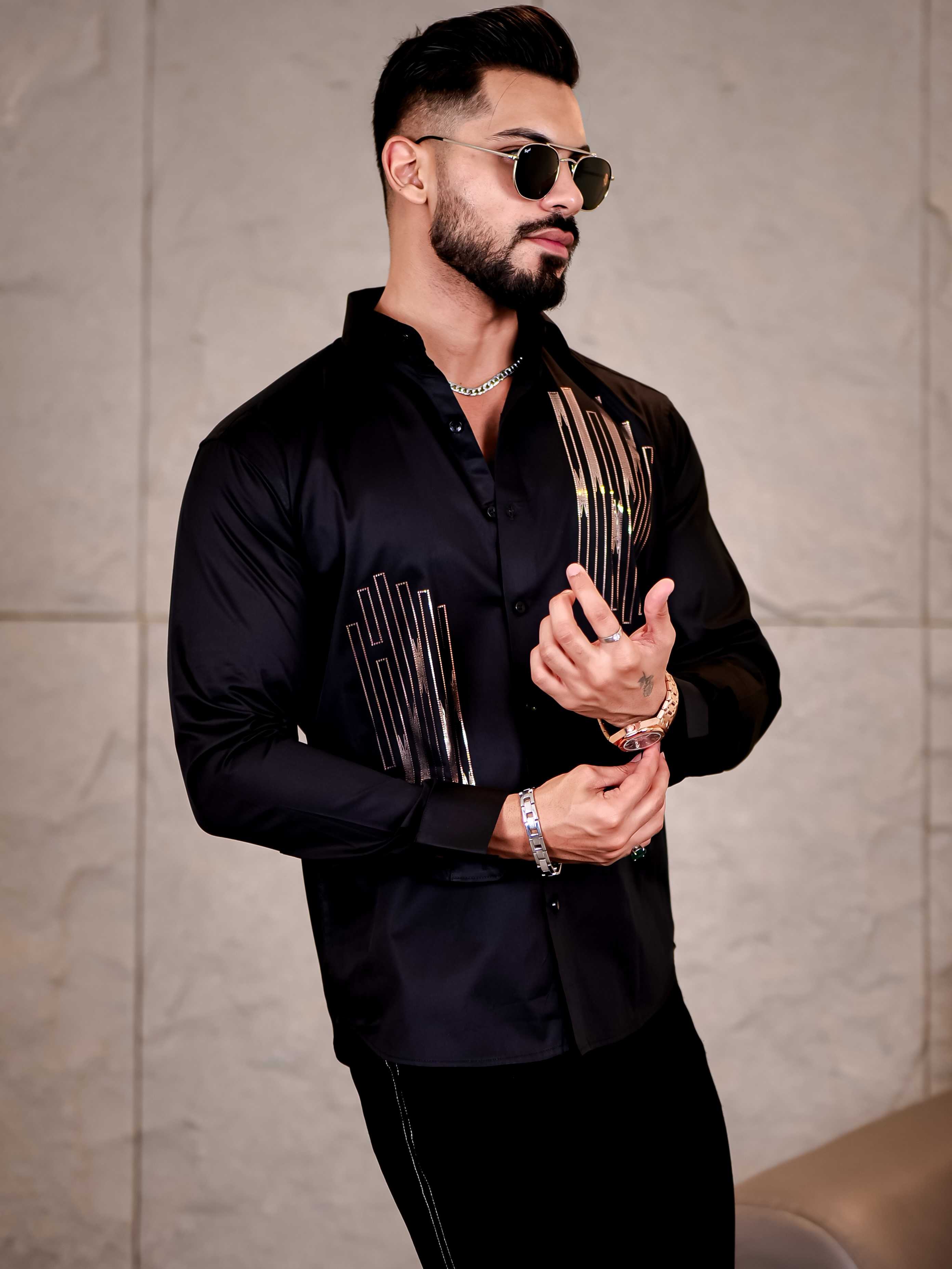 Black Sequence Club Wear Satin Cotton Party Shirt - Image 3