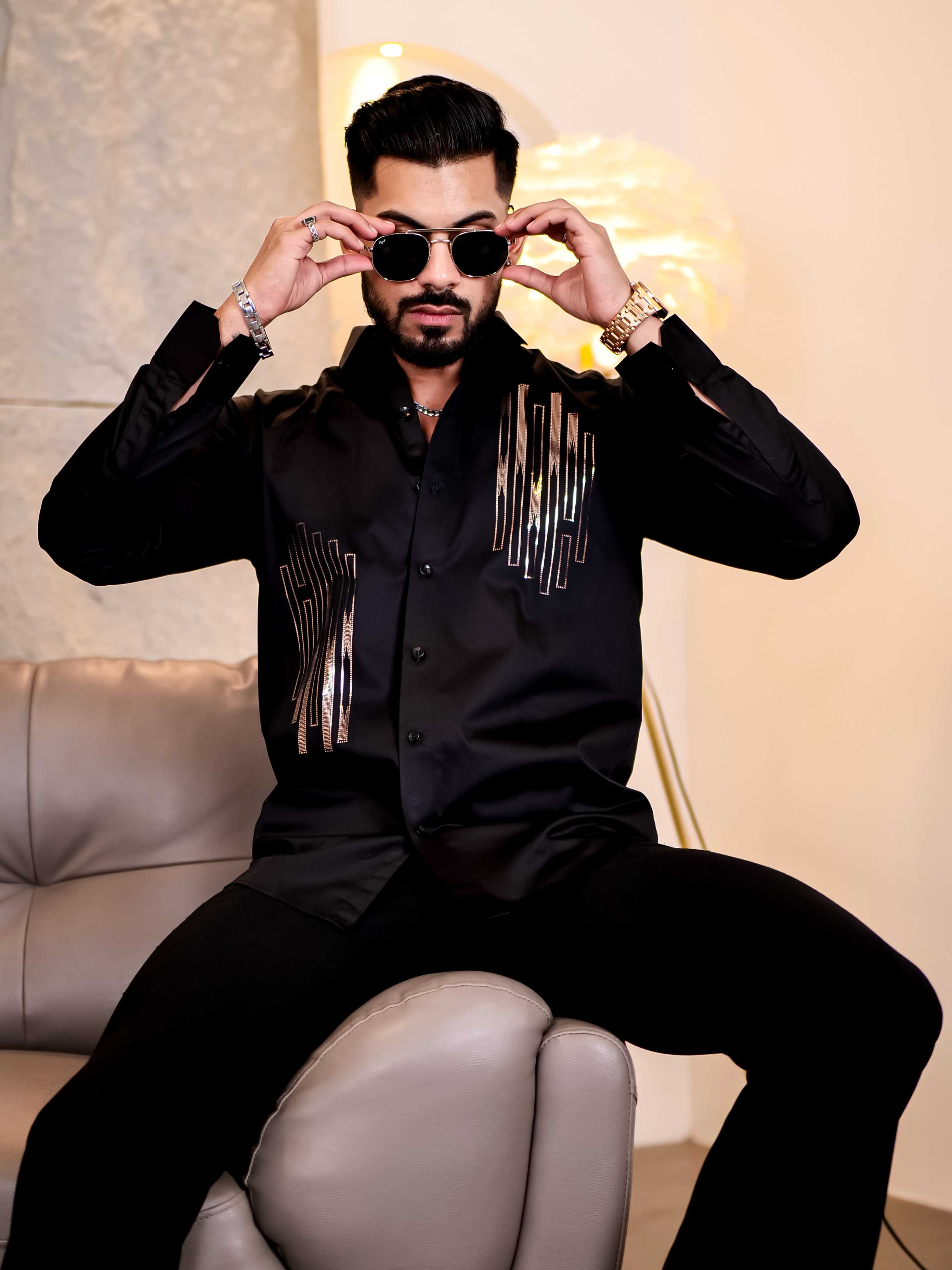 Black Sequence Club Wear Satin Cotton Party Shirt - Image 5
