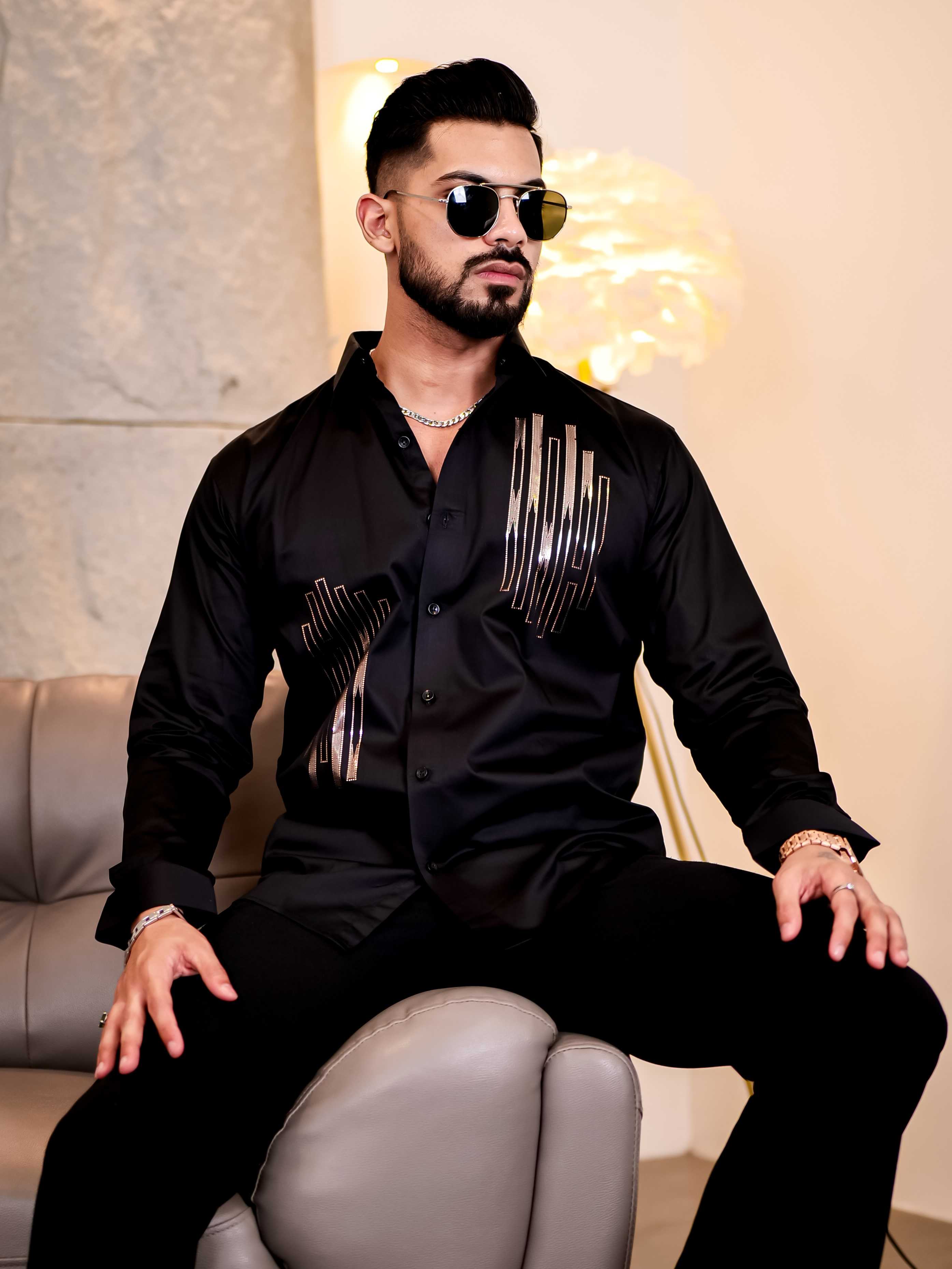 Black Sequence Club Wear Satin Cotton Party Shirt - Image 6
