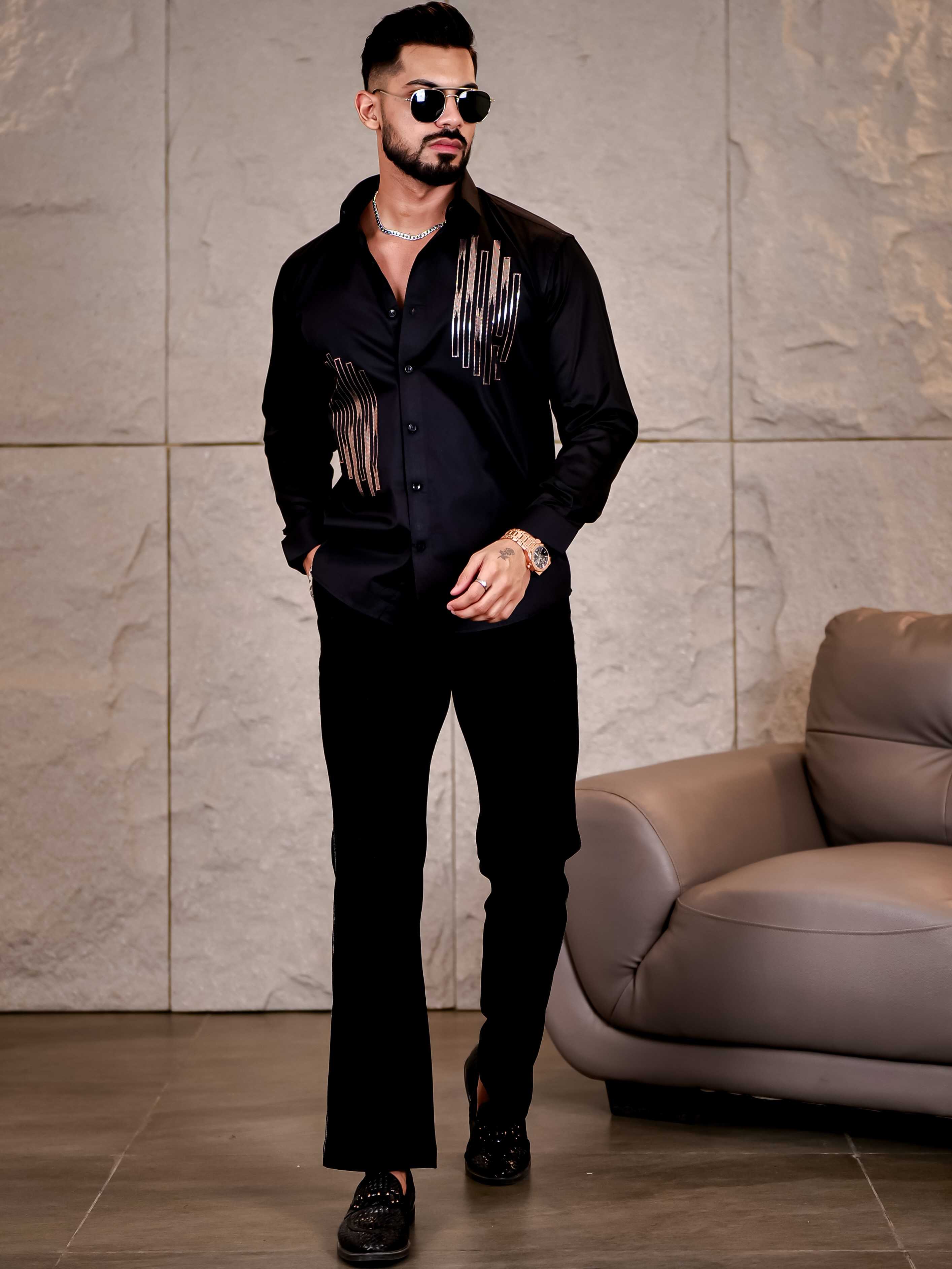 Black Sequence Club Wear Satin Cotton Party Shirt - Image 8