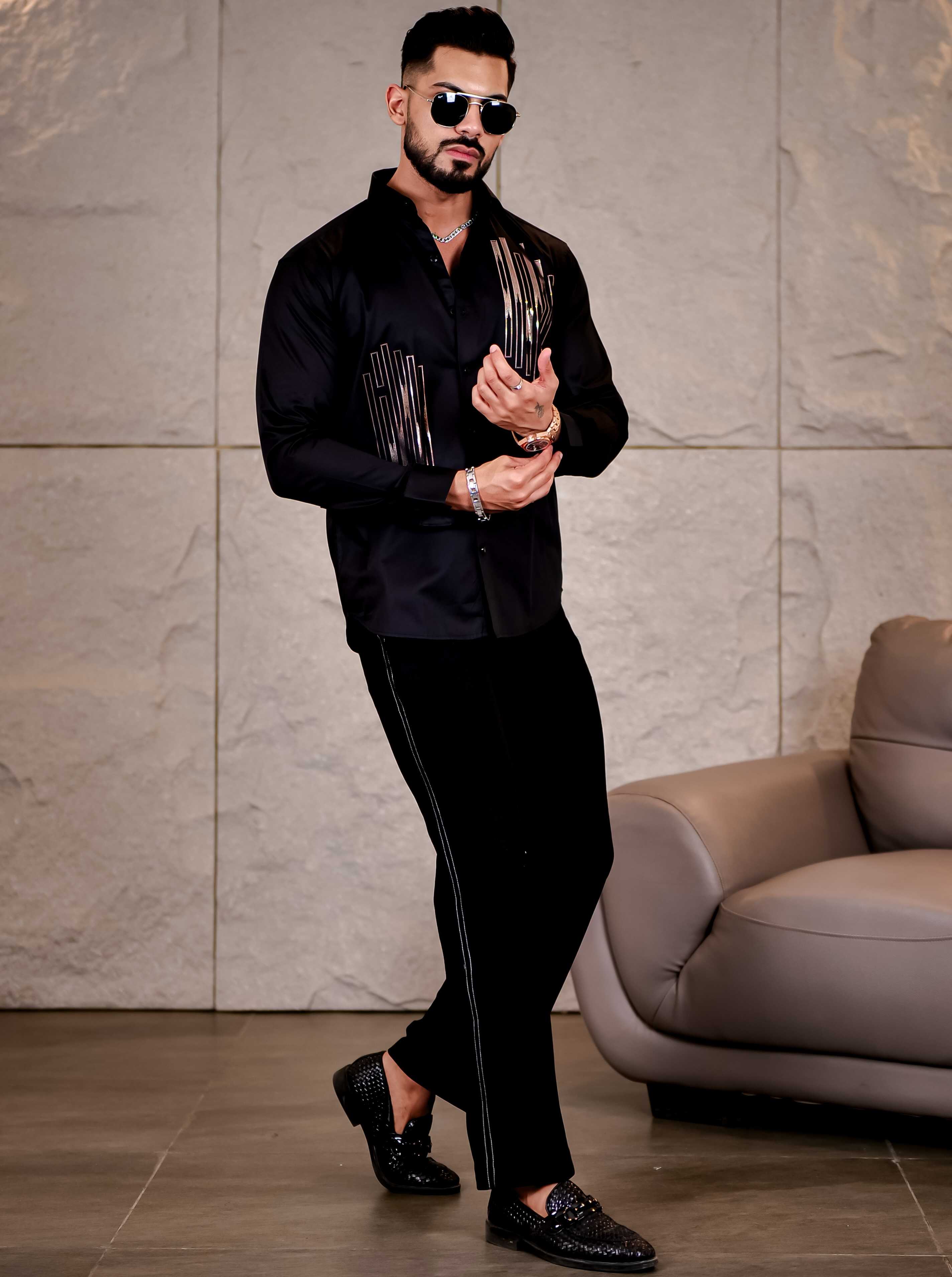 Black Sequence Club Wear Satin Cotton Party Shirt - Image 9