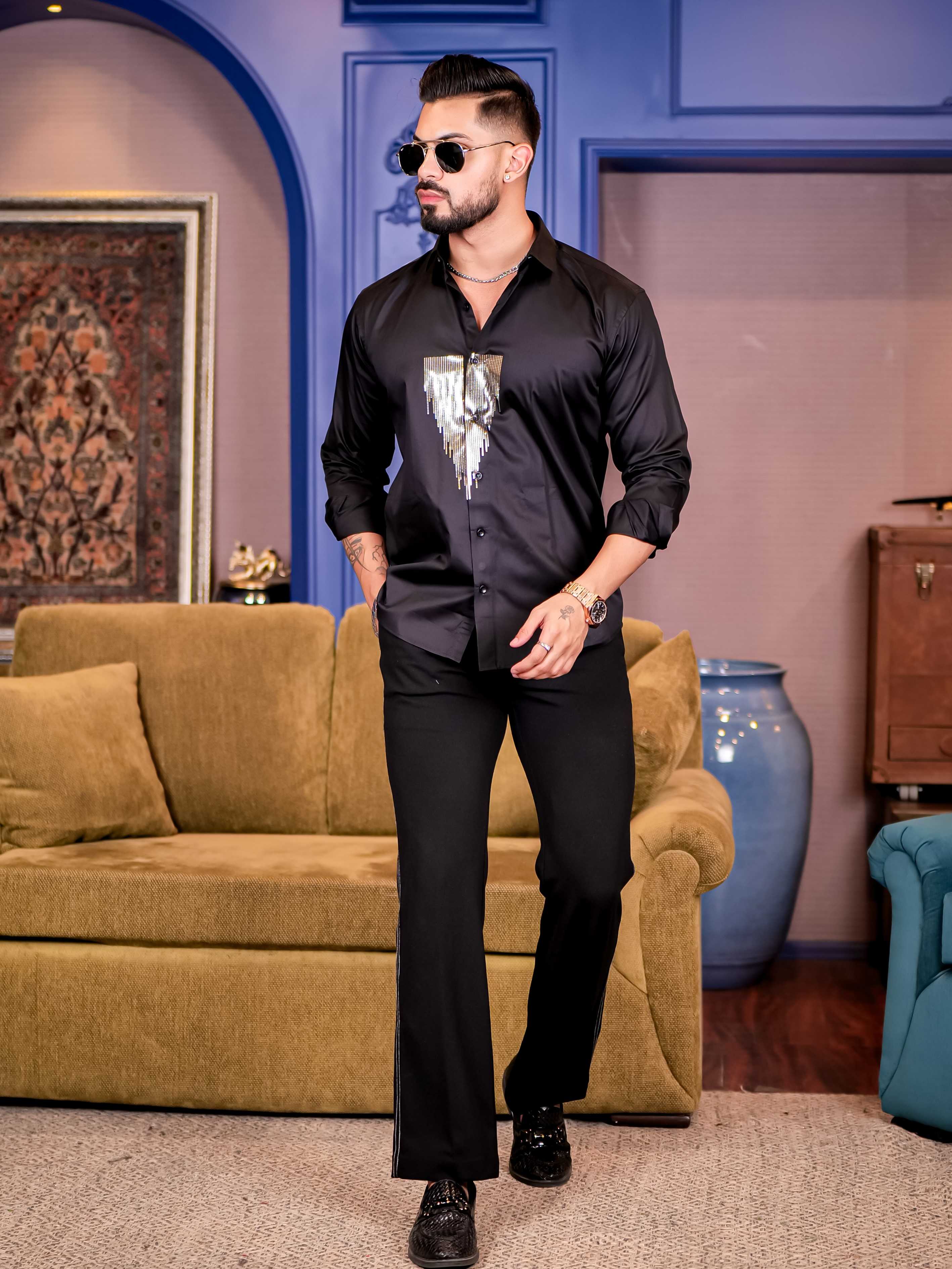 Black Sequence Club Wear Satin Cotton Party Shirt - Image 5