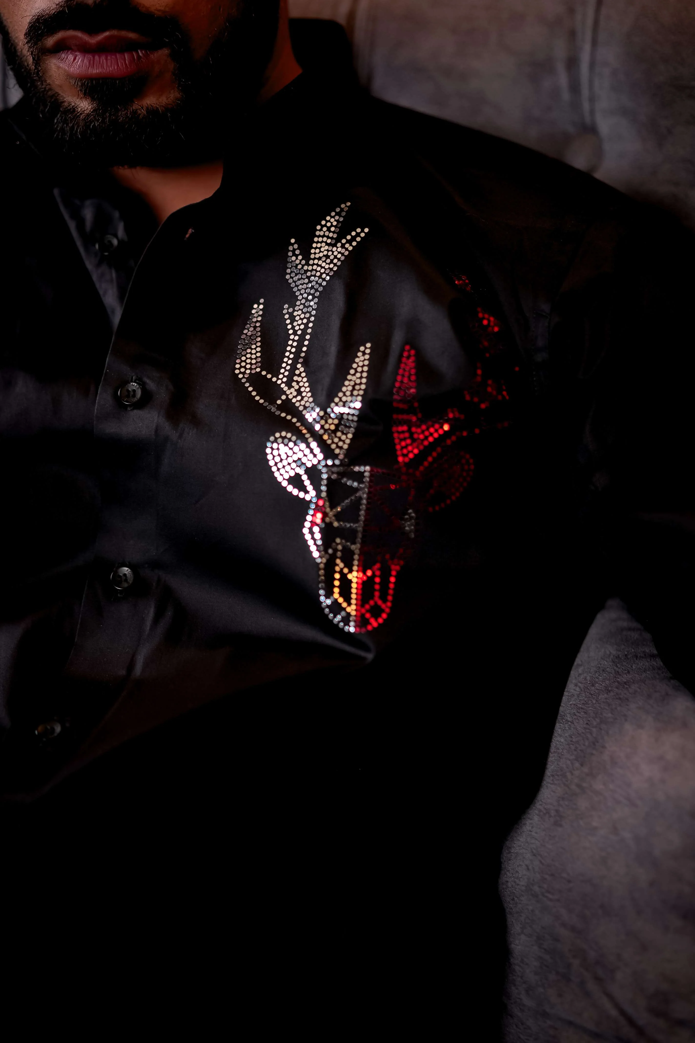 Black Sequence Deer Club Wear Printed Satin Cotton Shirt - Image 2