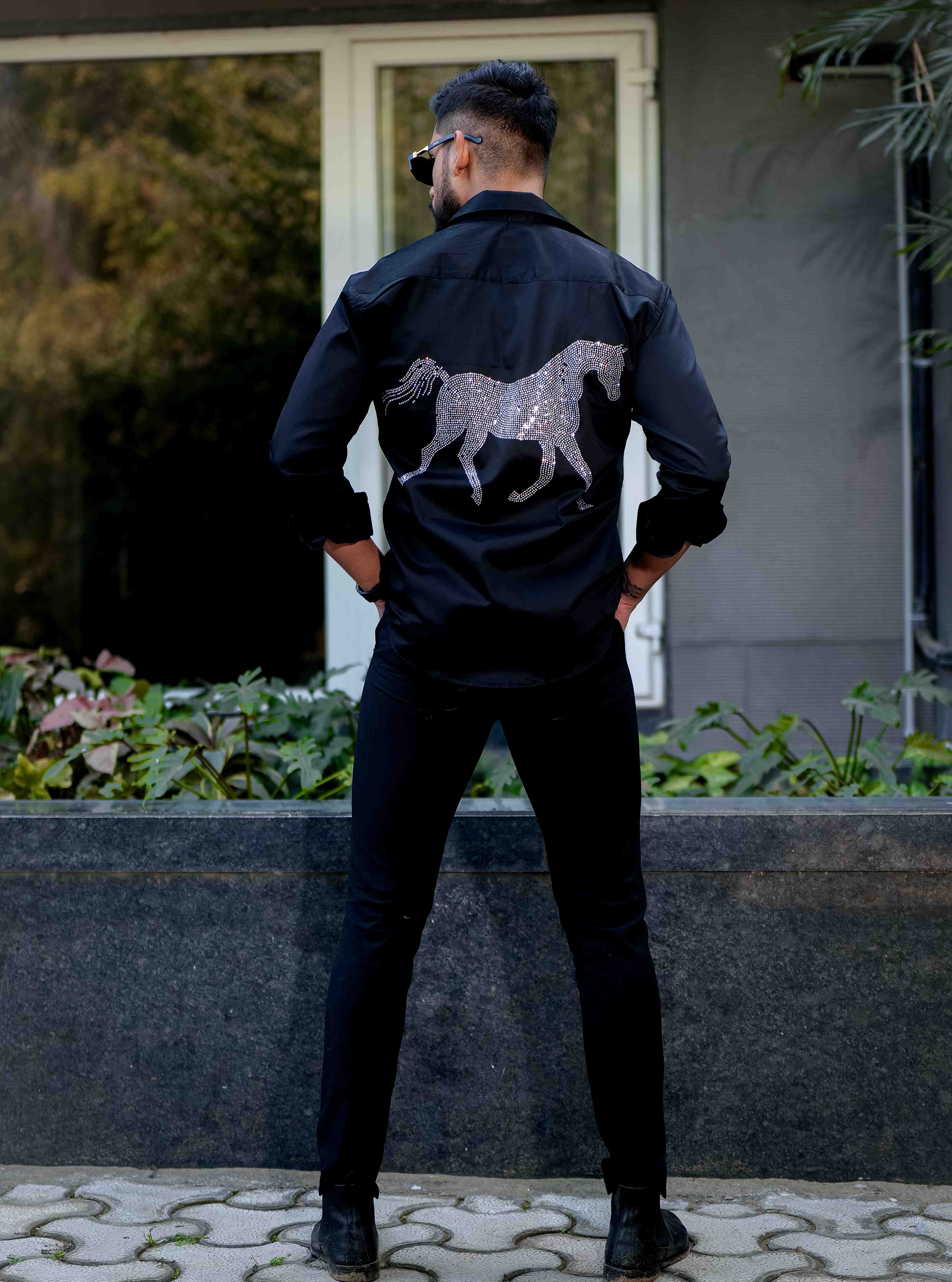 Black Starry Beaded Satin Cotton Premium Party Shirt - Image 3