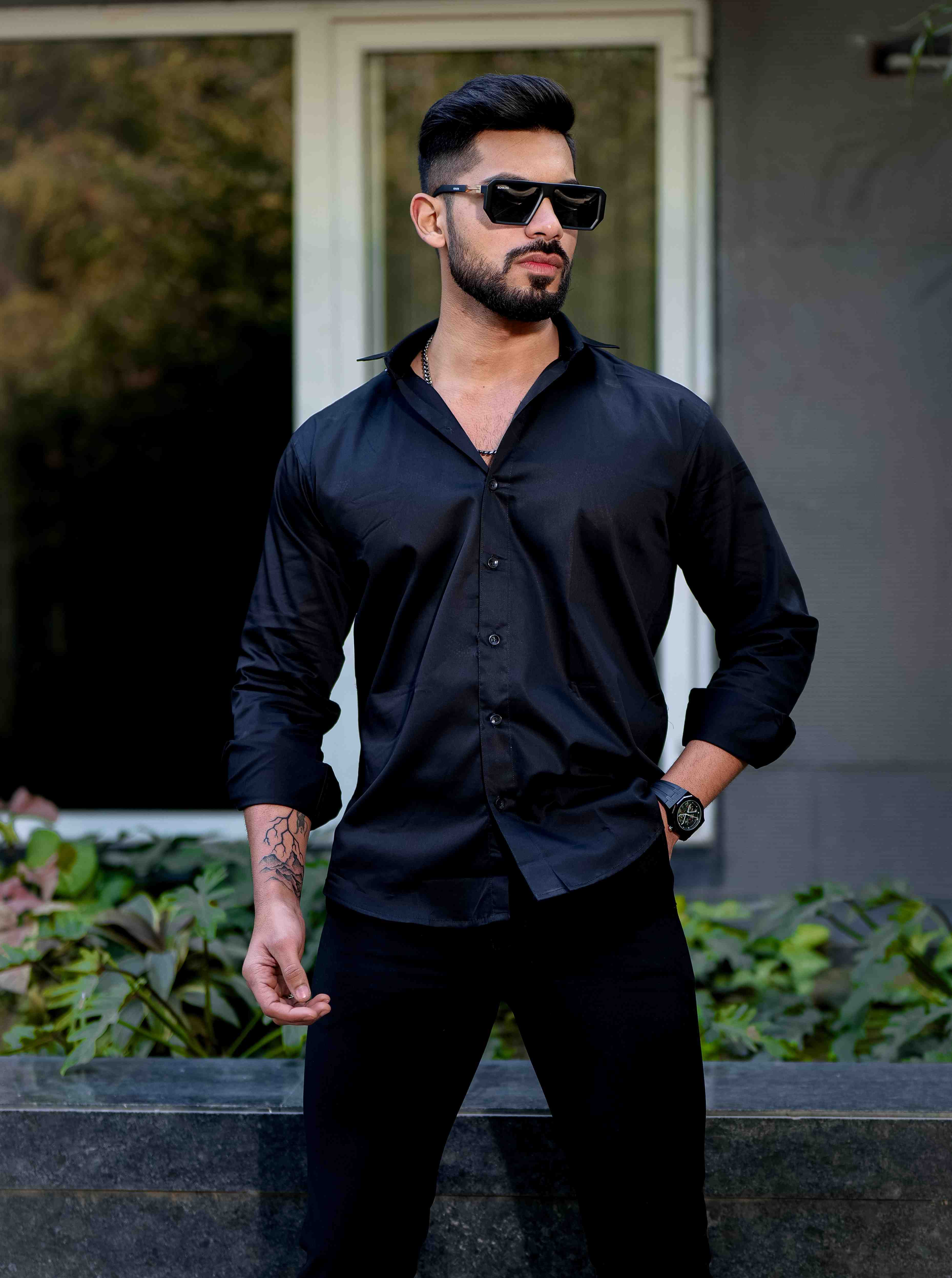 Black Starry Beaded Satin Cotton Premium Party Shirt - Image 4