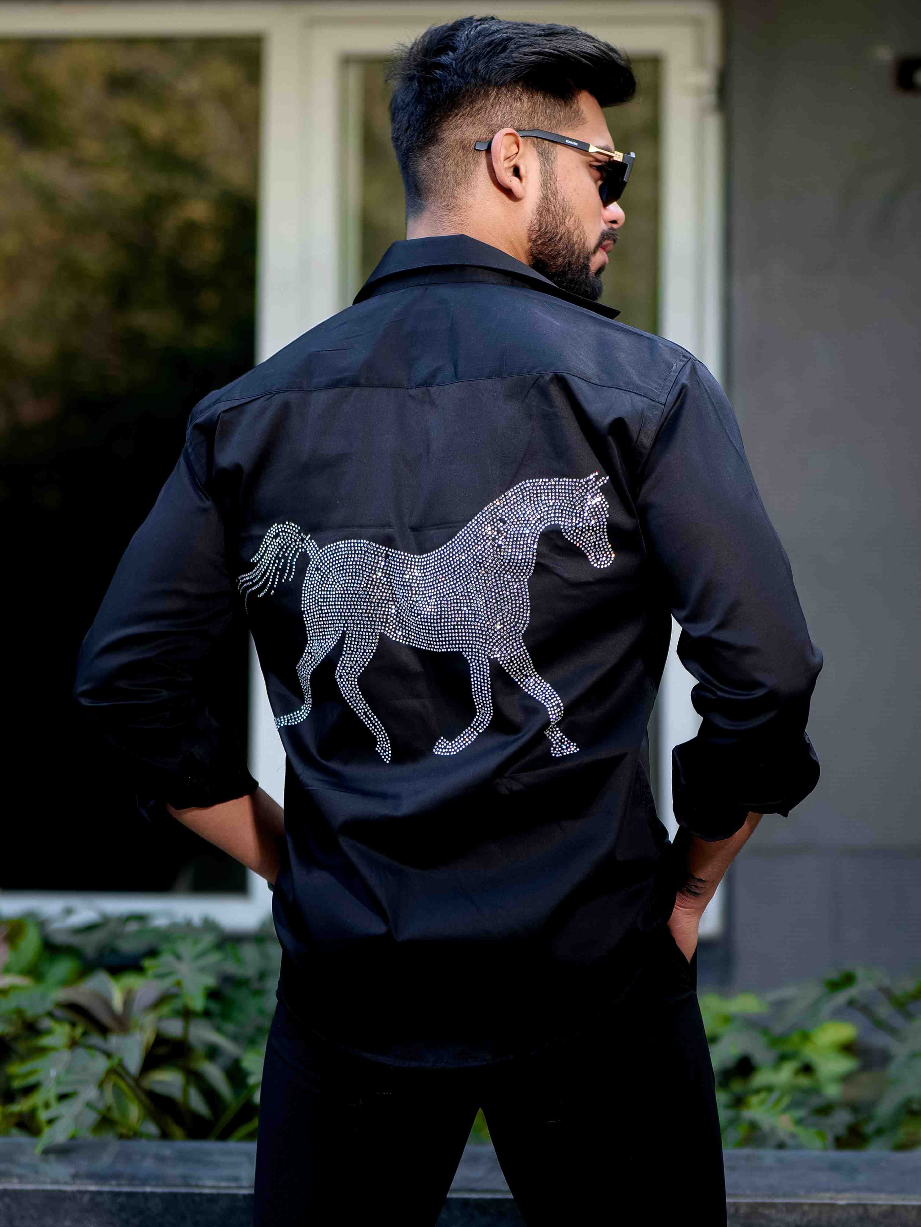 Black Starry Beaded Satin Cotton Premium Party Shirt - Image 5