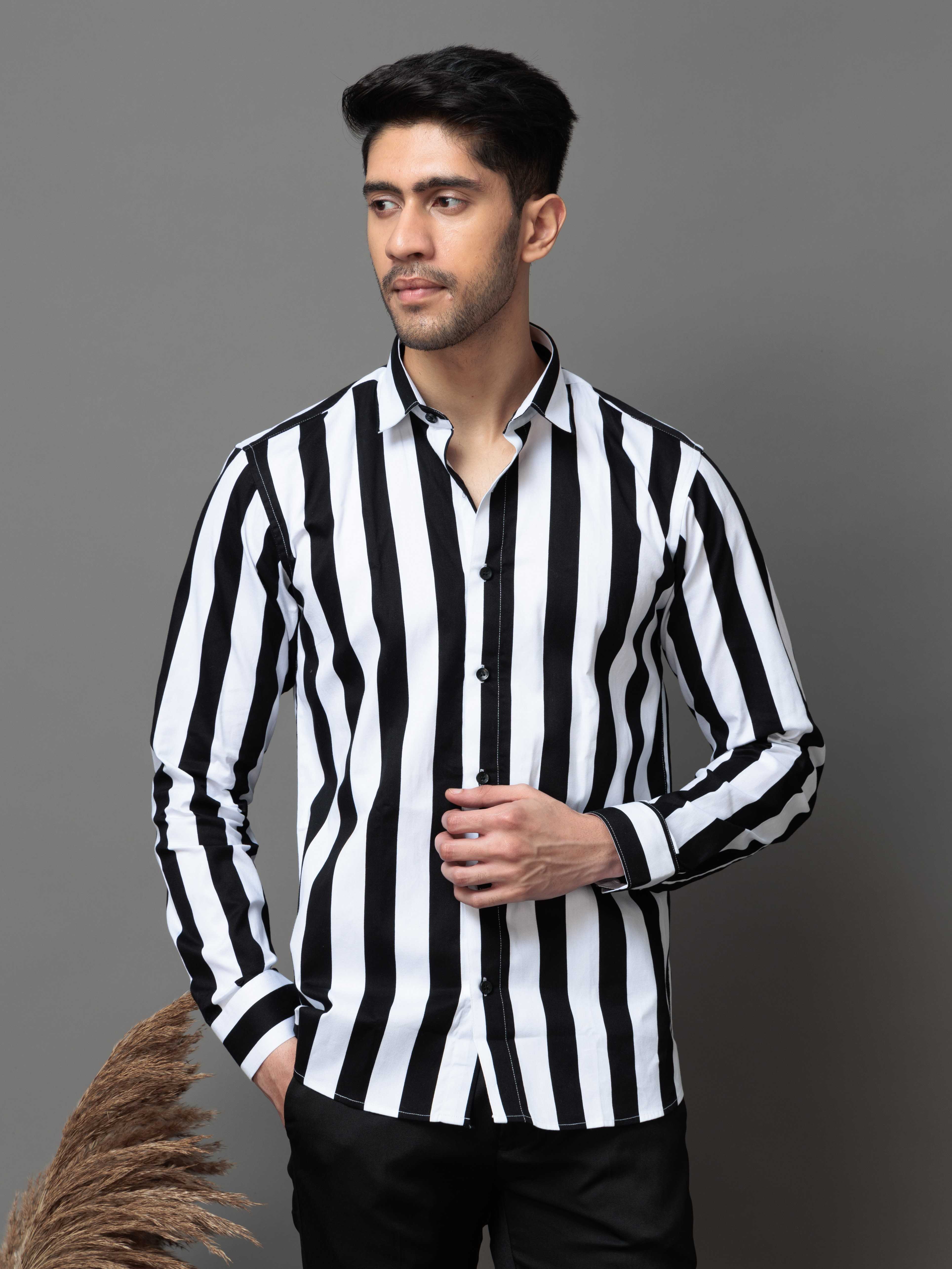 BLACK STRIPED PRINTED COTTON CASUAL SHIRT FOR MEN'S - Image 3