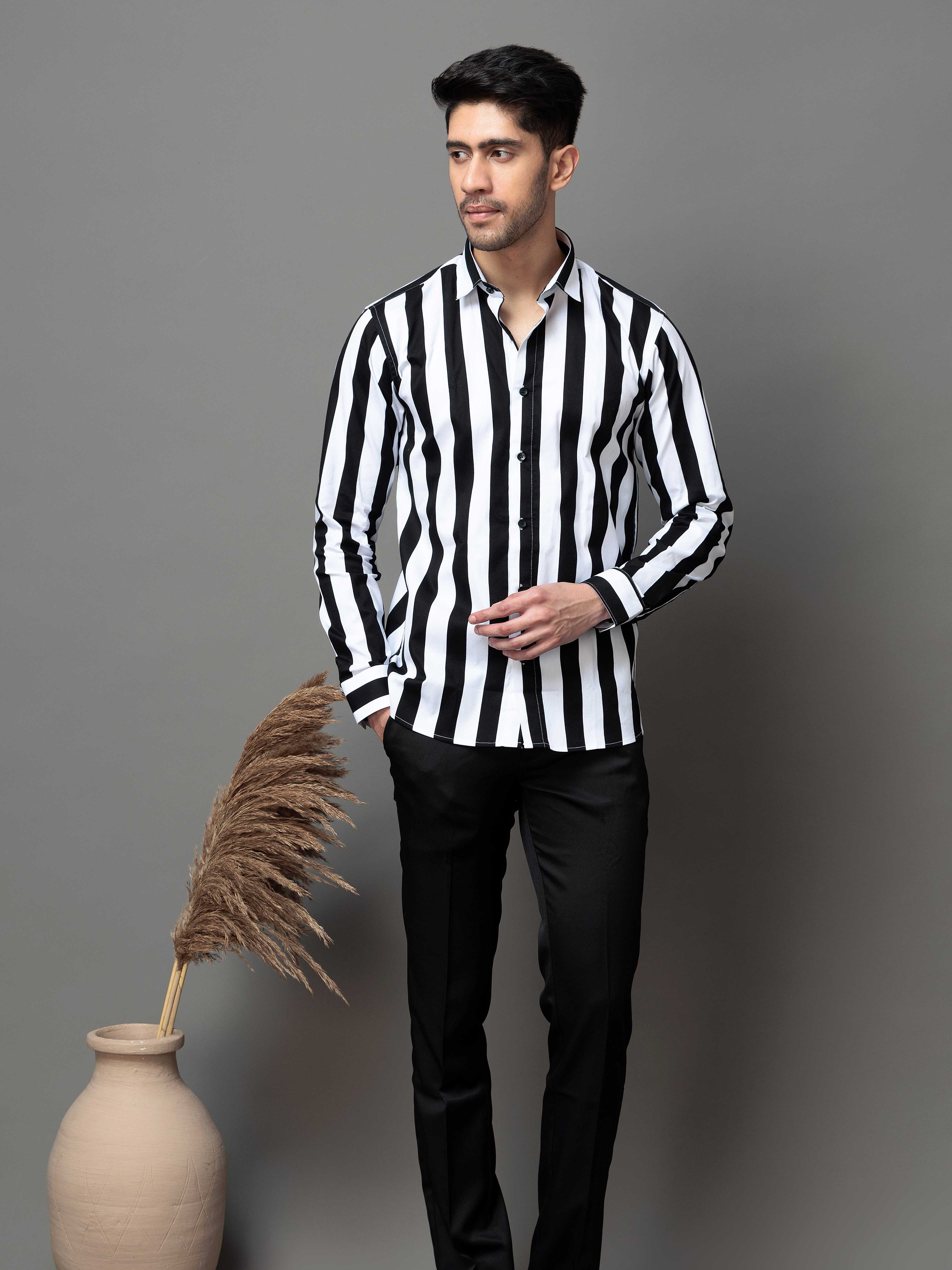 BLACK STRIPED PRINTED COTTON CASUAL SHIRT FOR MEN'S - Image 5