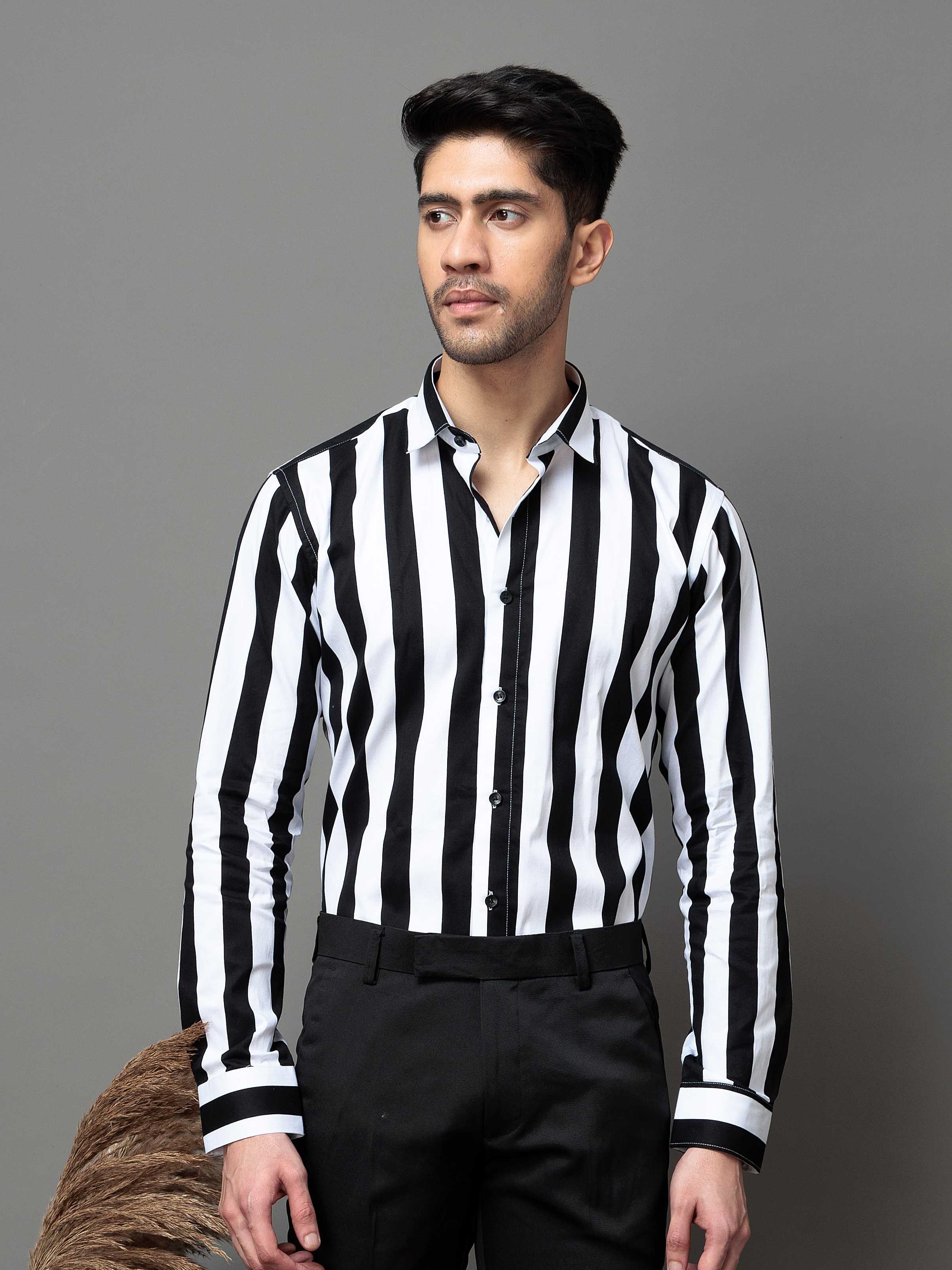 BLACK STRIPED PRINTED COTTON CASUAL SHIRT FOR MEN'S - Image 6