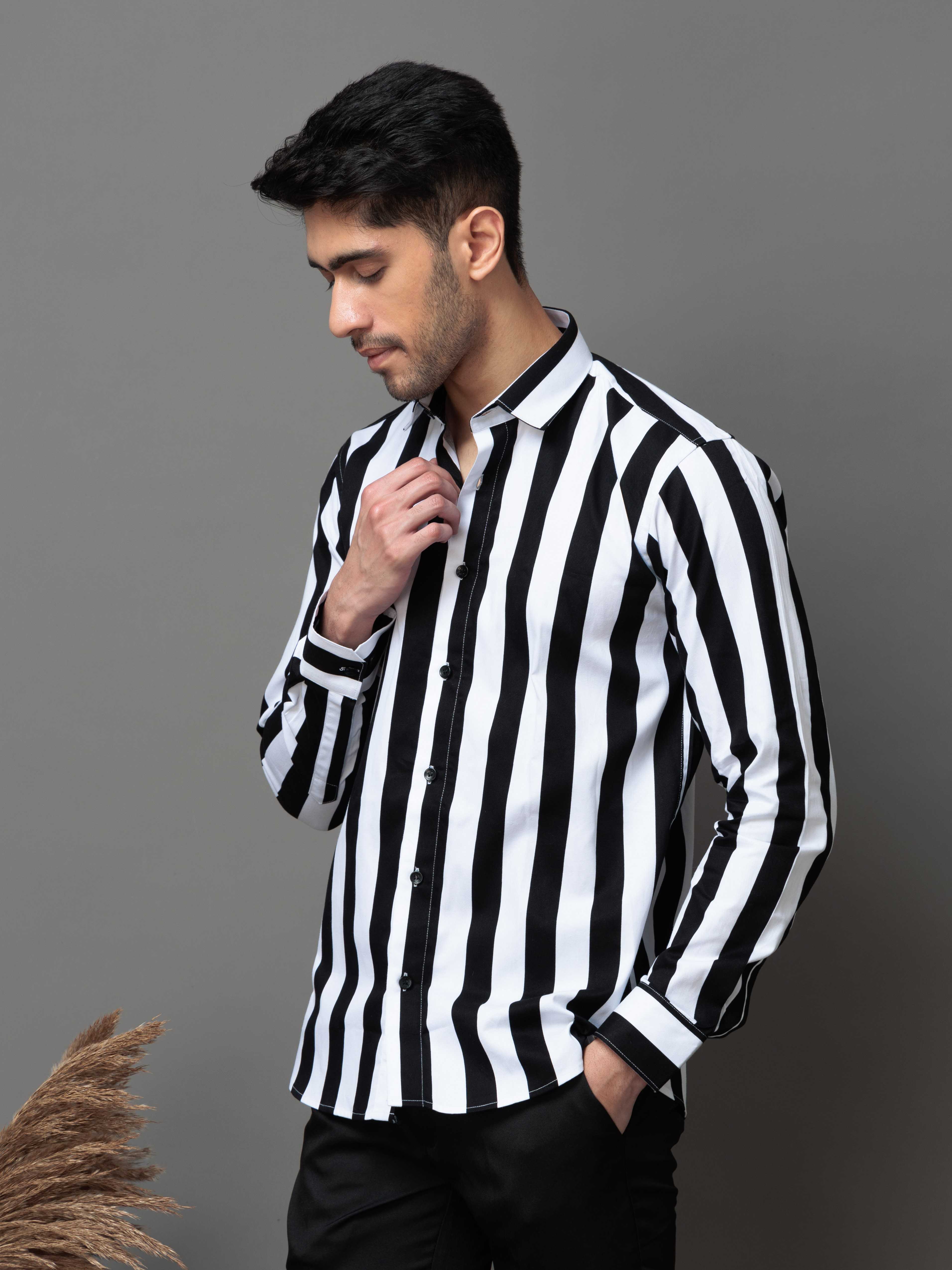 BLACK STRIPED PRINTED COTTON CASUAL SHIRT FOR MEN'S - Image 7