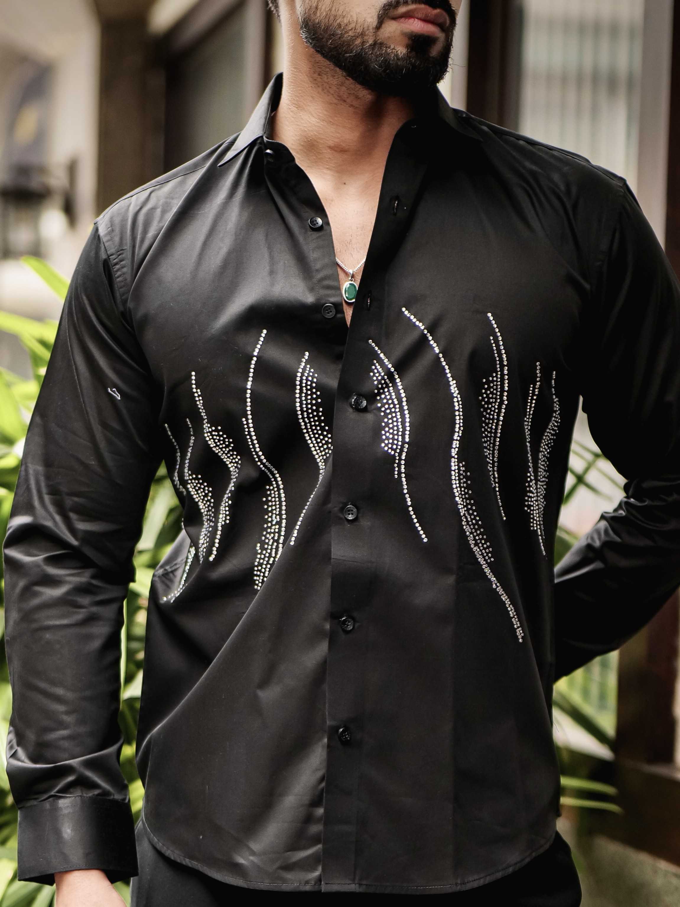 BLACK WAVE STARRY BEADED SATIN COTTON PREMIUM PARTY SHIRT - Image 8