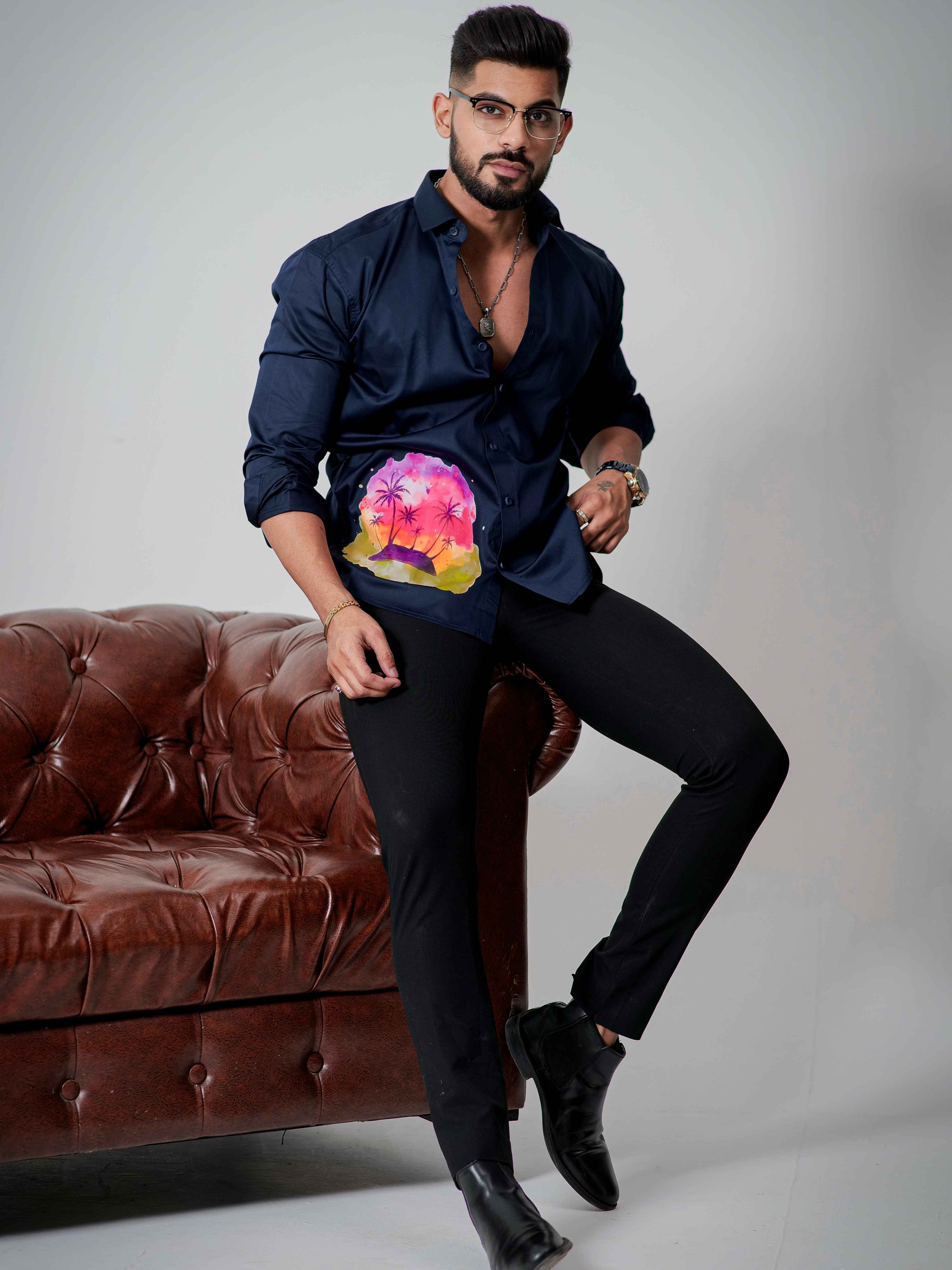Blue Club Wear Printed Satin Cotton Shirt - Image 5