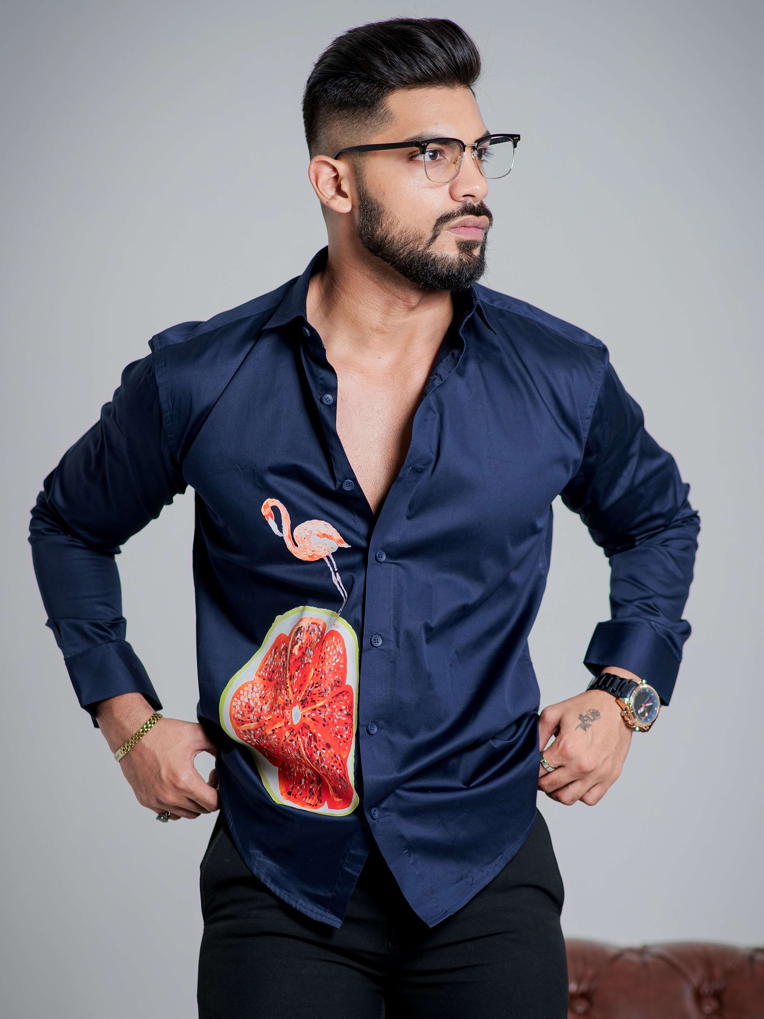 Blue Club Wear Printed Satin Cotton Shirt - Image 4