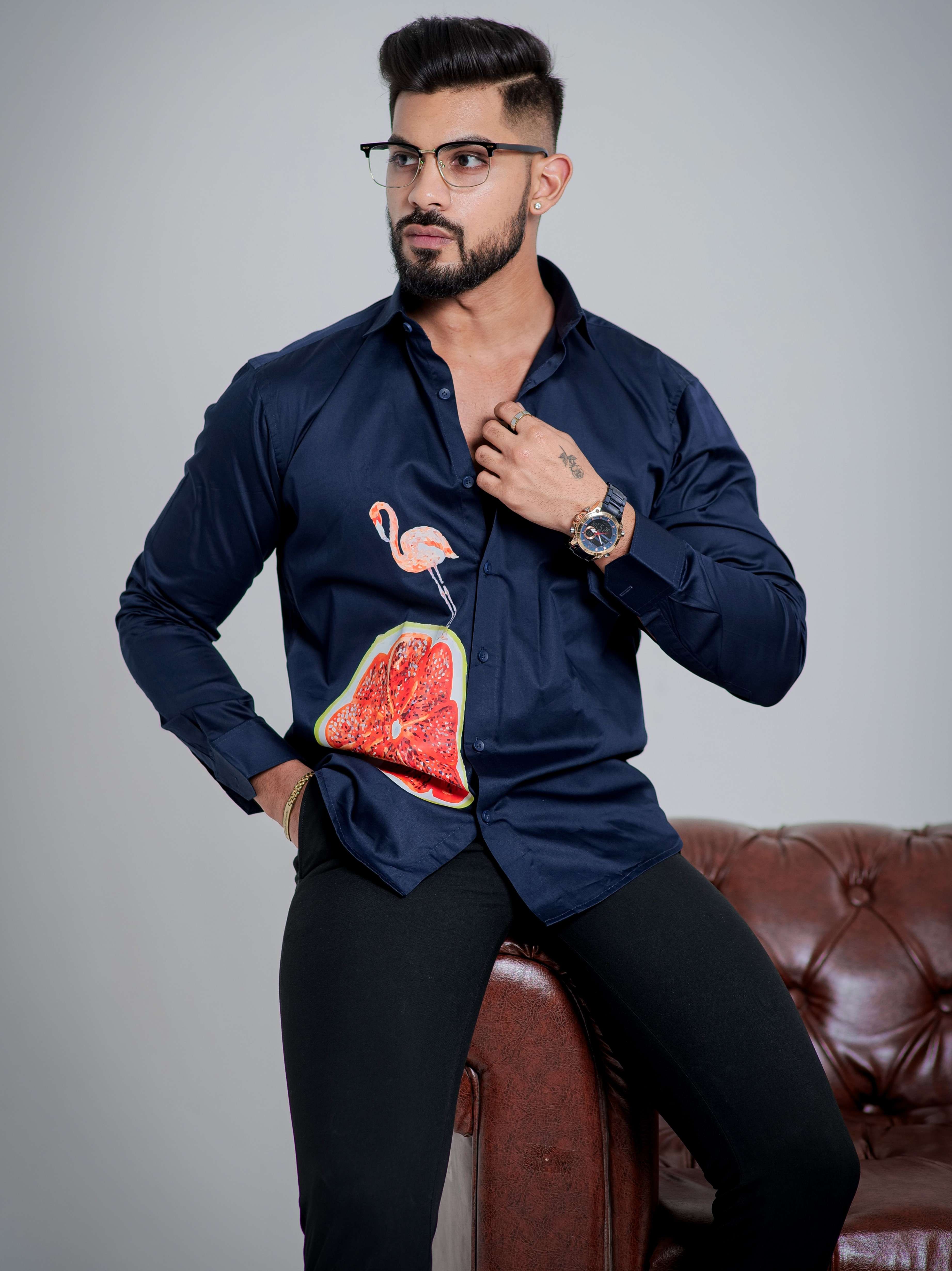 Blue Club Wear Printed Satin Cotton Shirt - Image 5