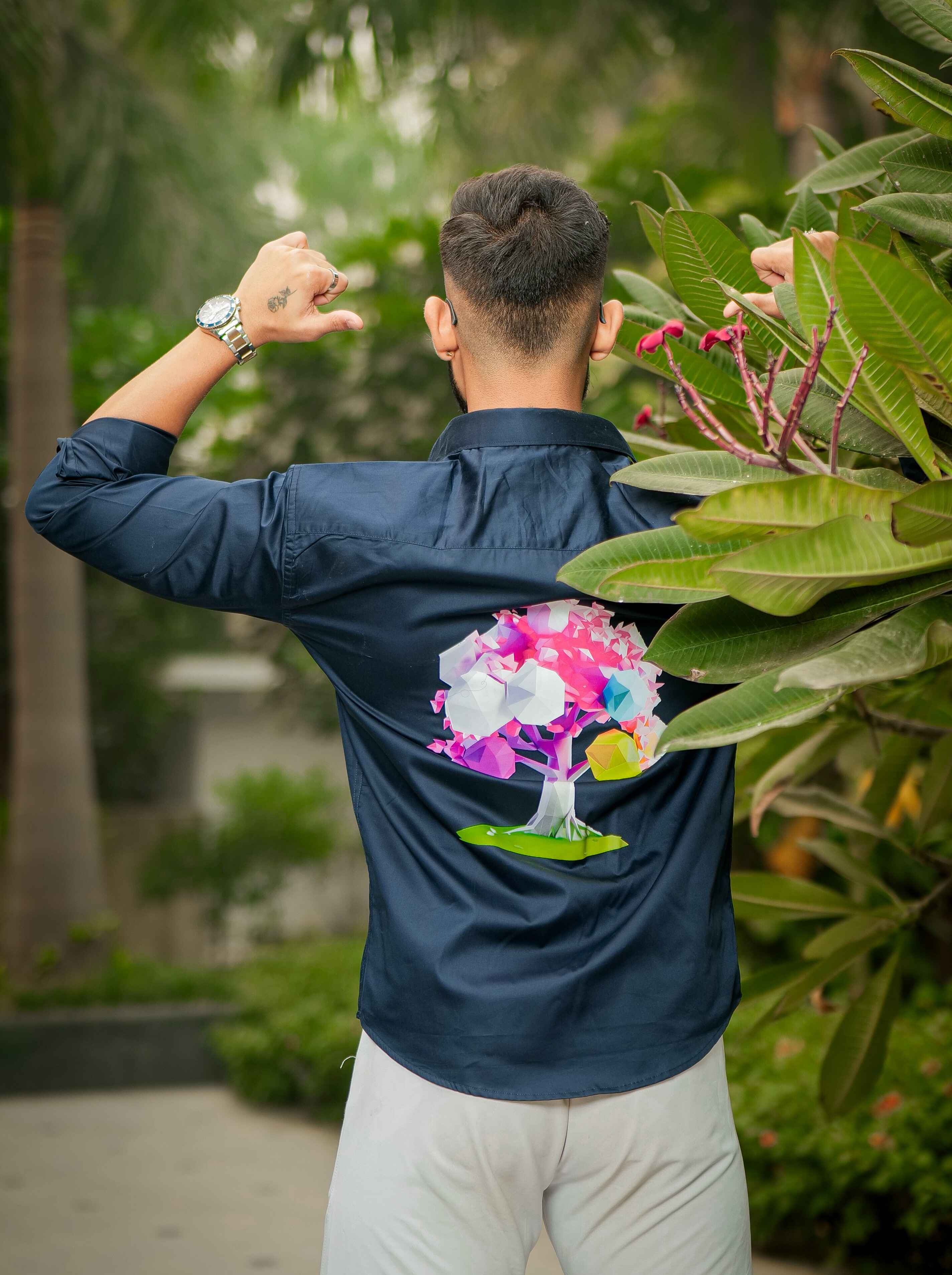 Blue Club Wear Printed Satin Cotton Shirt - Image 3