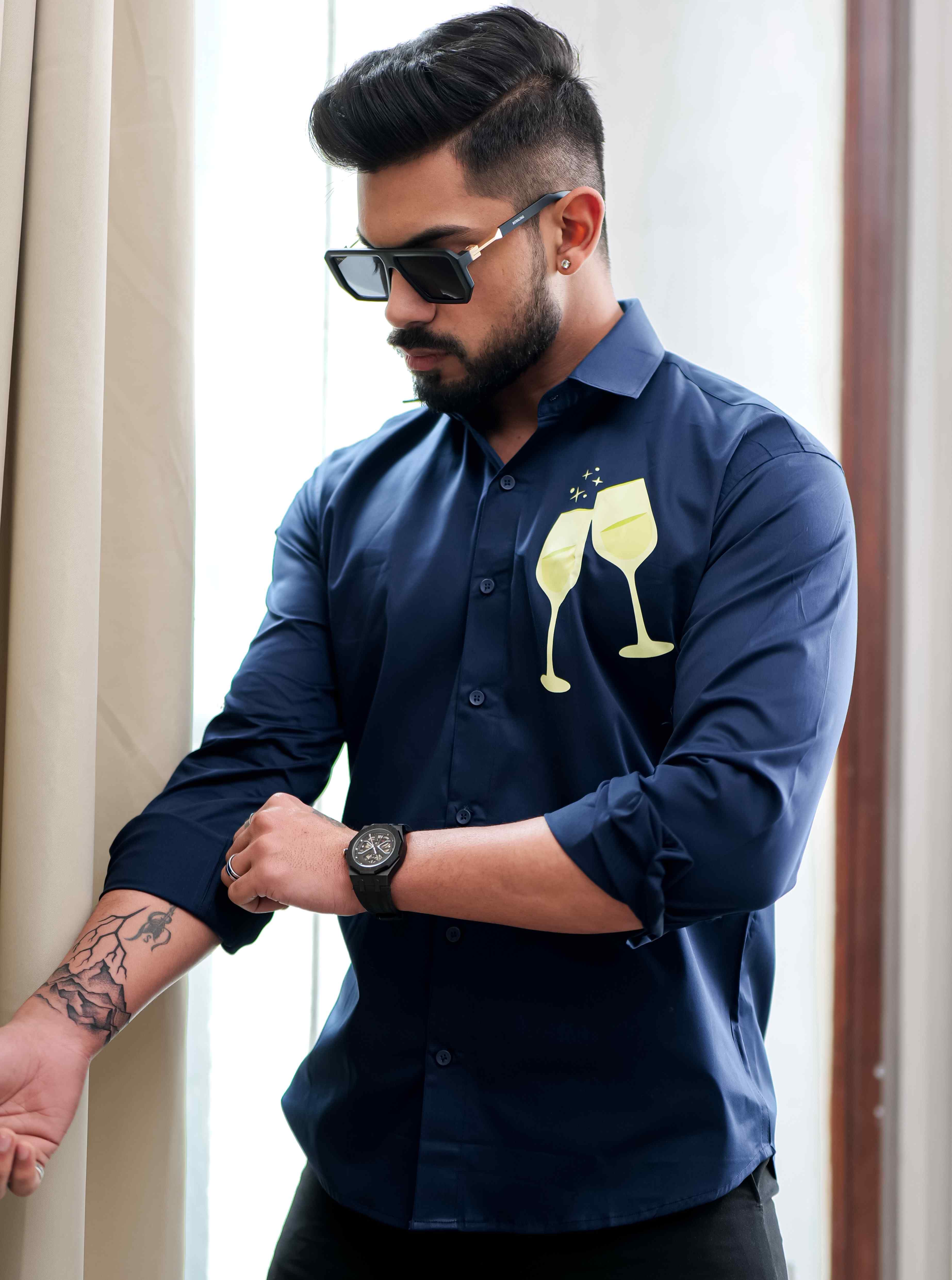 Blue Club Wear Printed Satin Cotton Shirt - Image 3