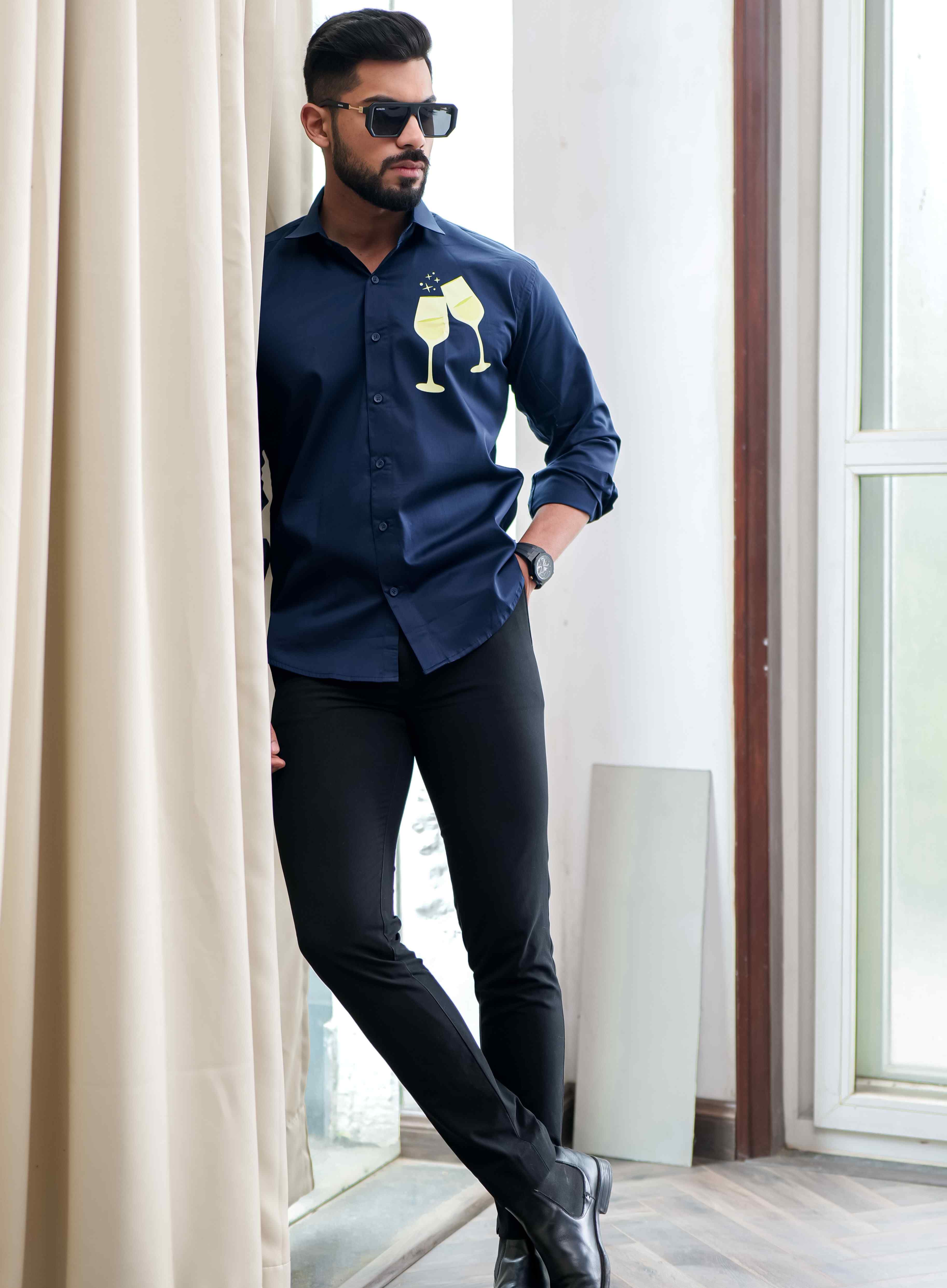 Blue Club Wear Printed Satin Cotton Shirt - Image 6