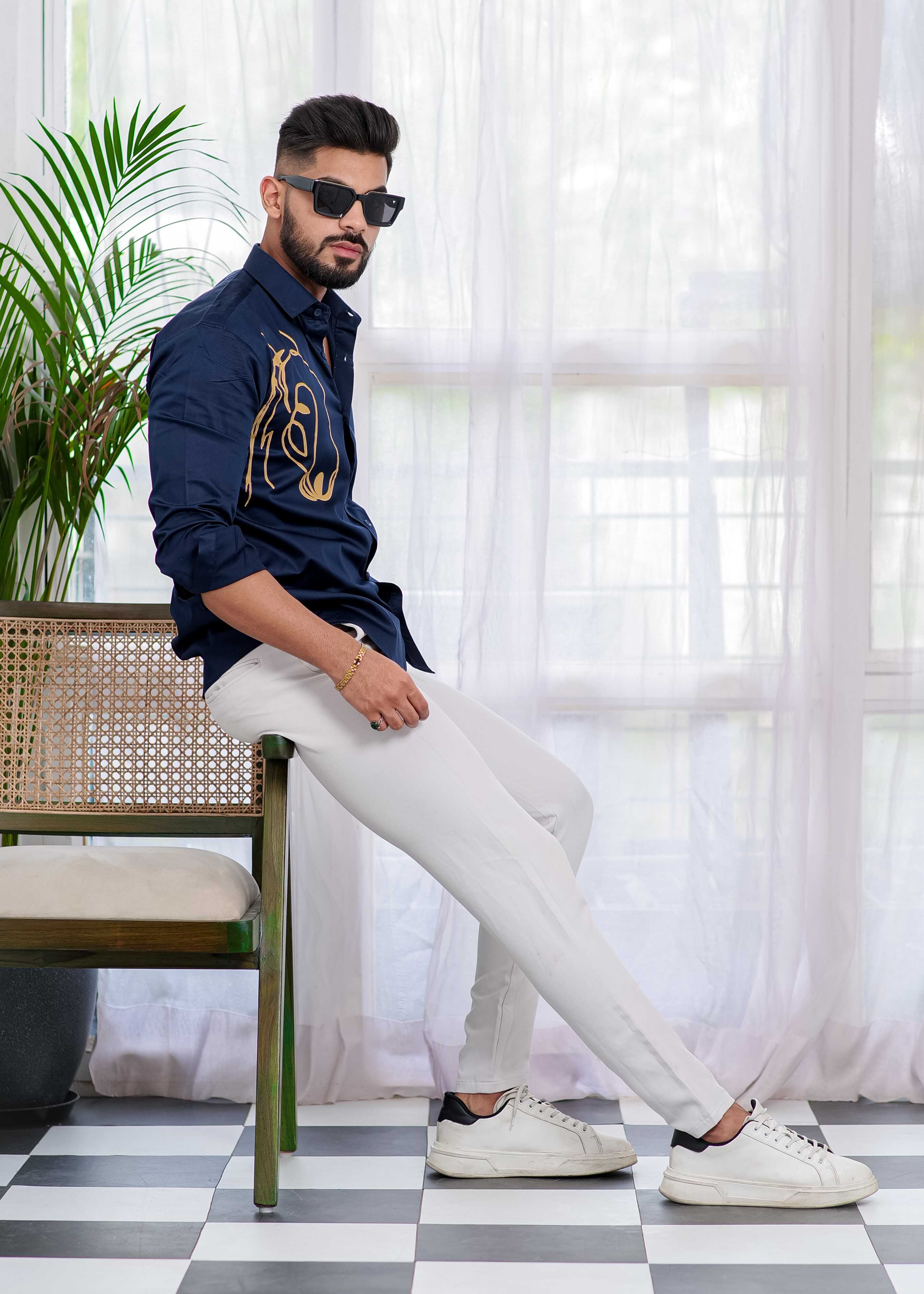 Blue Club Wear Printed Satin Cotton Shirt - Image 7