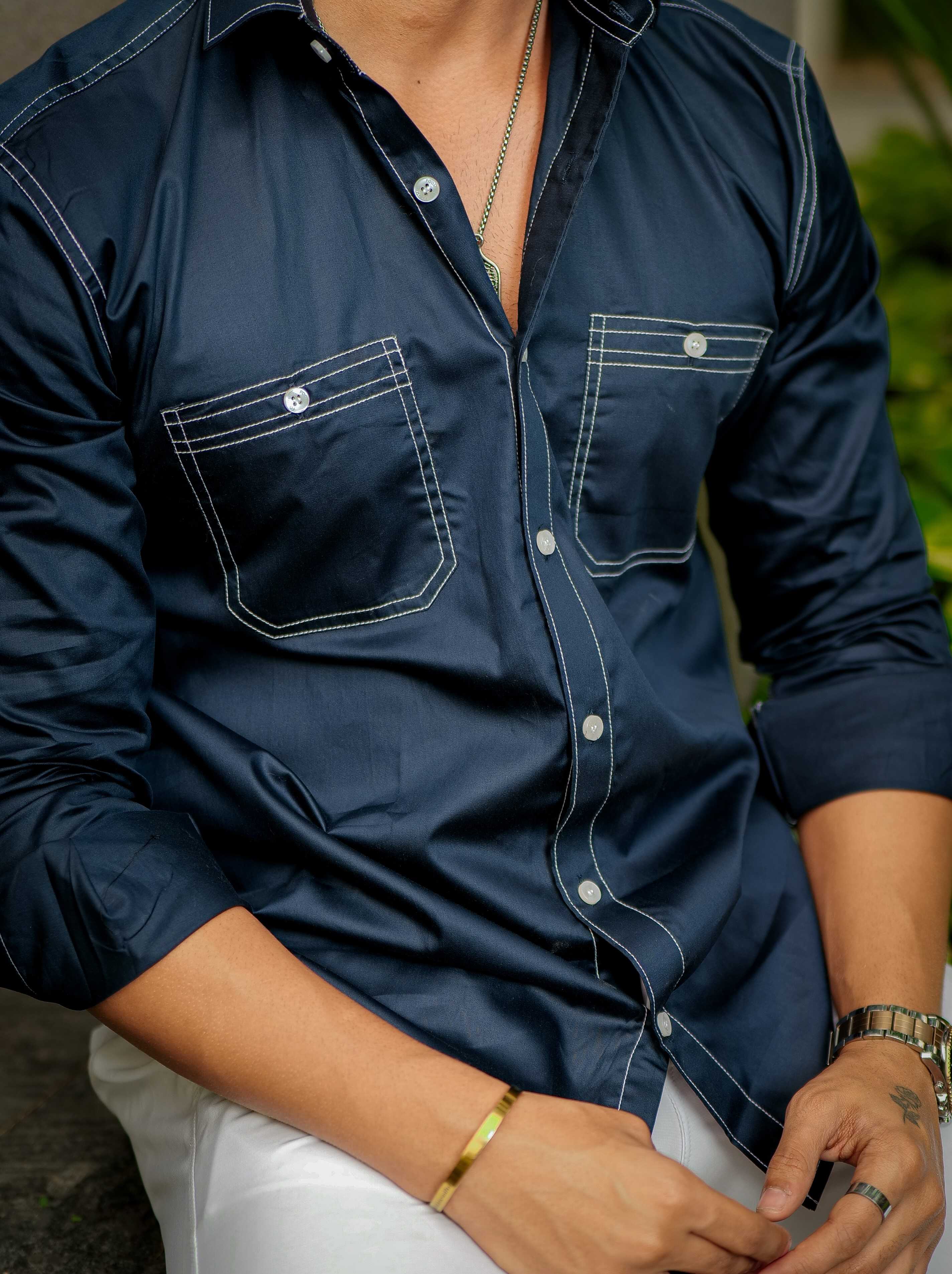 Blue Designer Giza Satin Cotton Shirt - Image 2