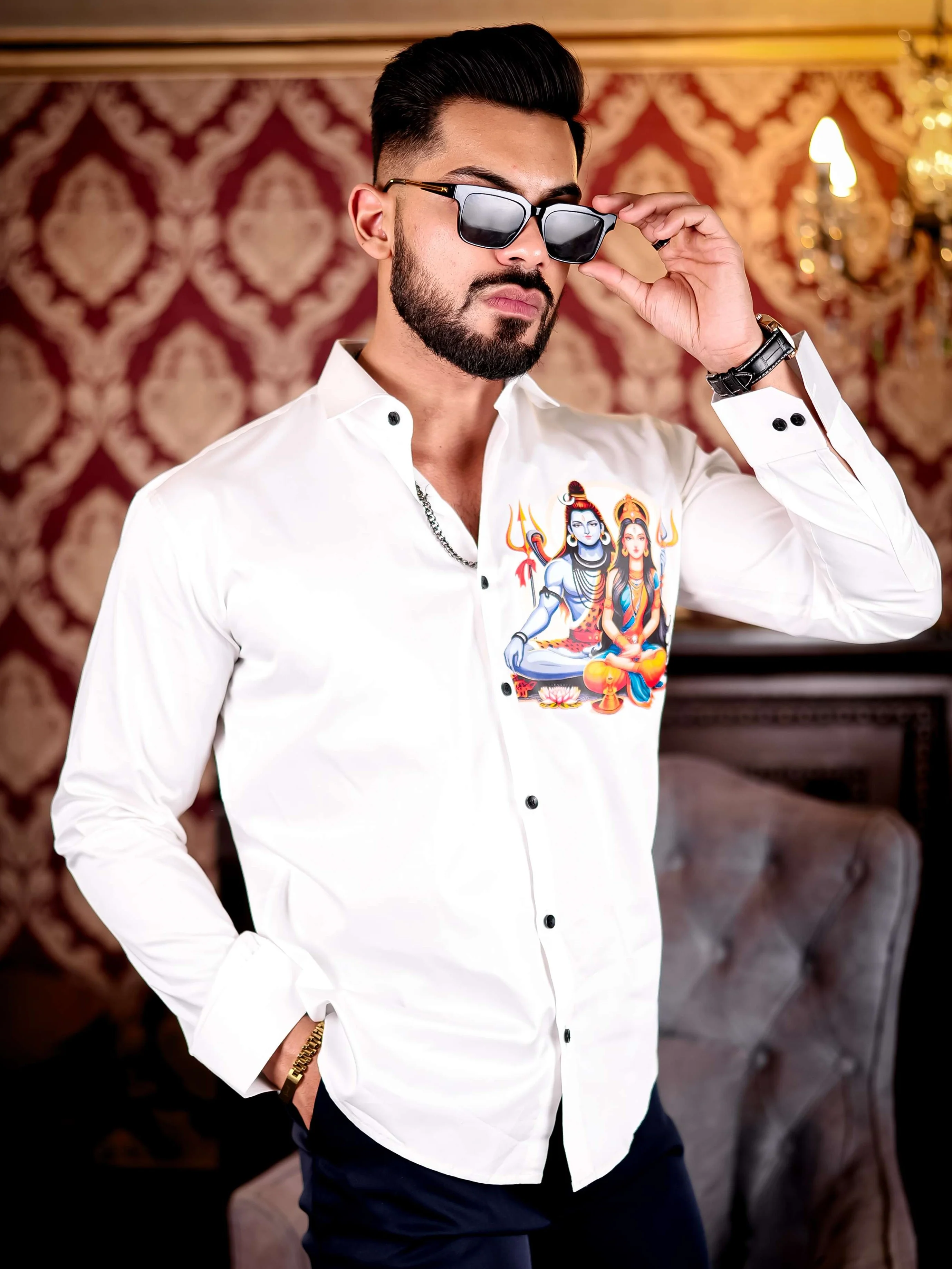White Lord Adiparashakti Club Wear Printed Satin Cotton Shirt - Image 3
