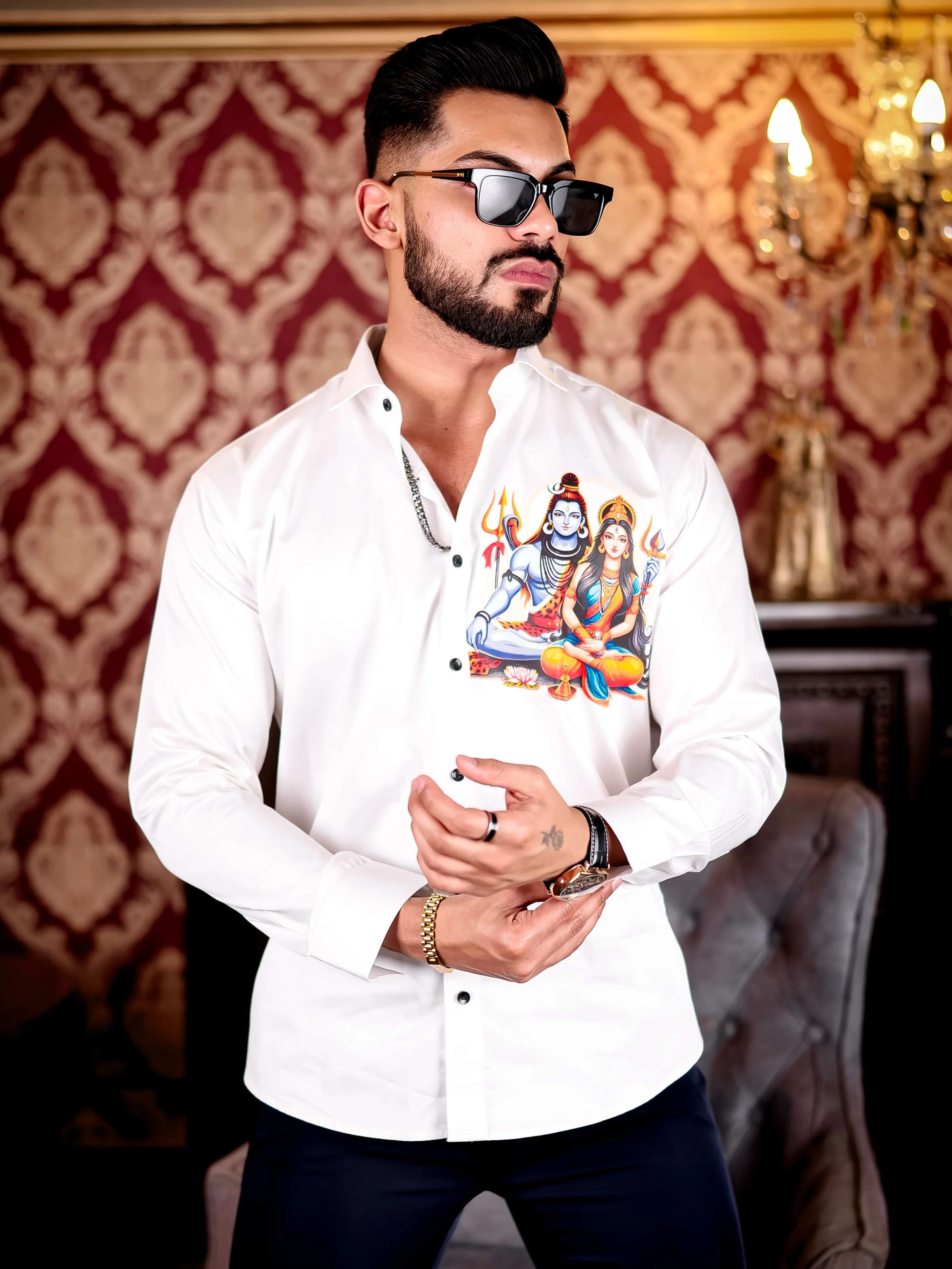White Lord Adiparashakti Club Wear Printed Satin Cotton Shirt - Image 4
