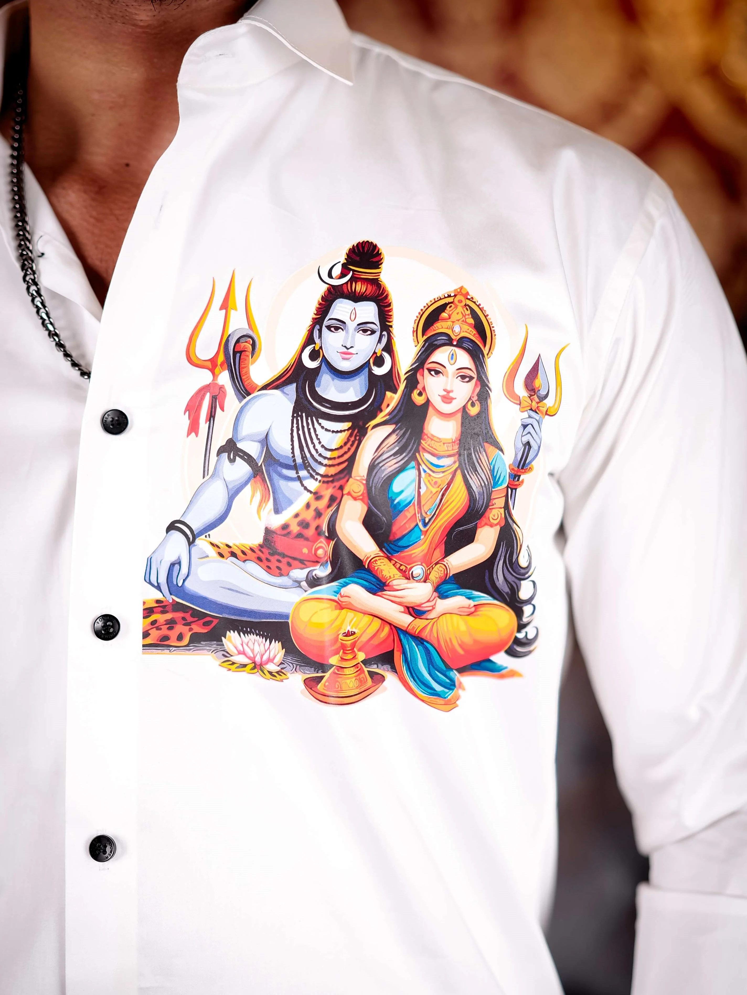 White Lord Adiparashakti Club Wear Printed Satin Cotton Shirt - Image 5