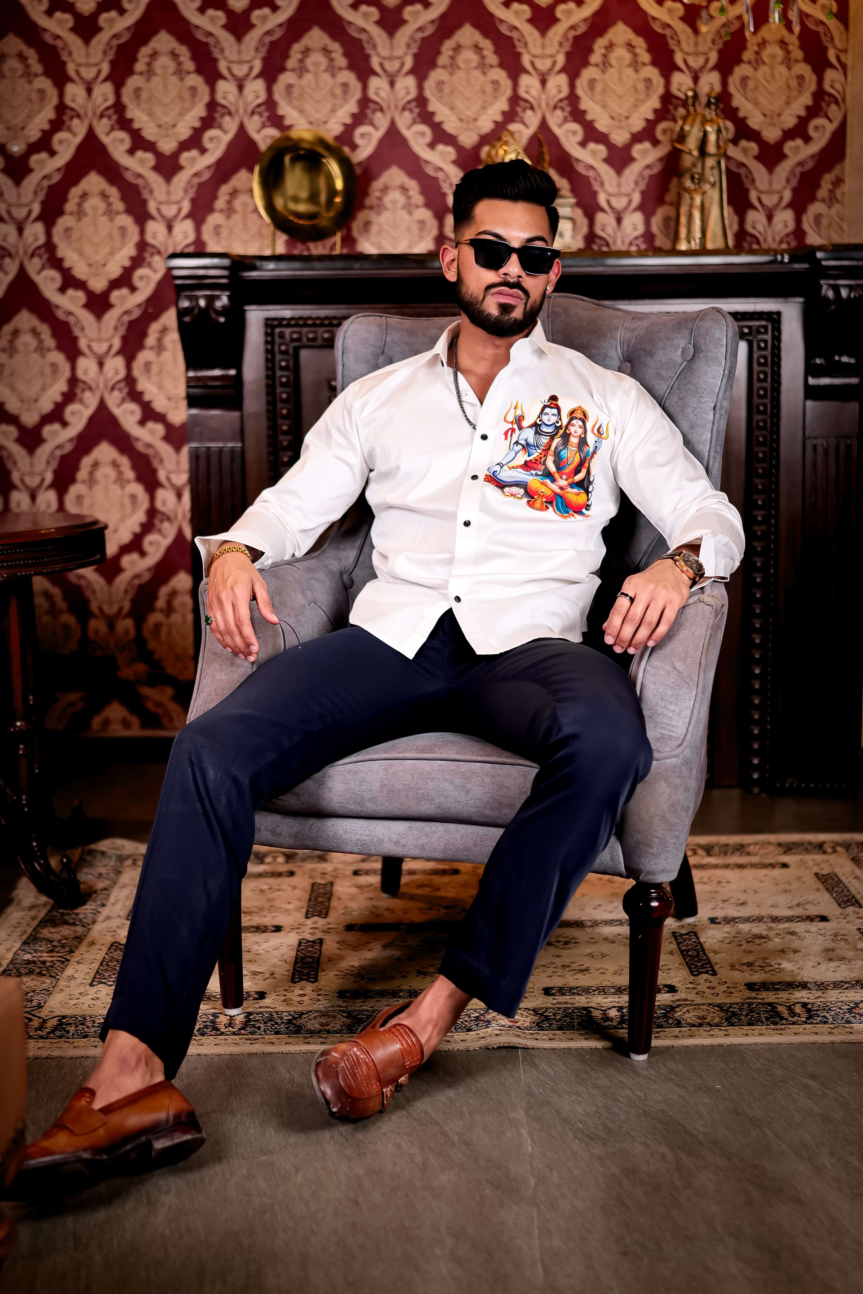 White Lord Adiparashakti Club Wear Printed Satin Cotton Shirt - Image 7
