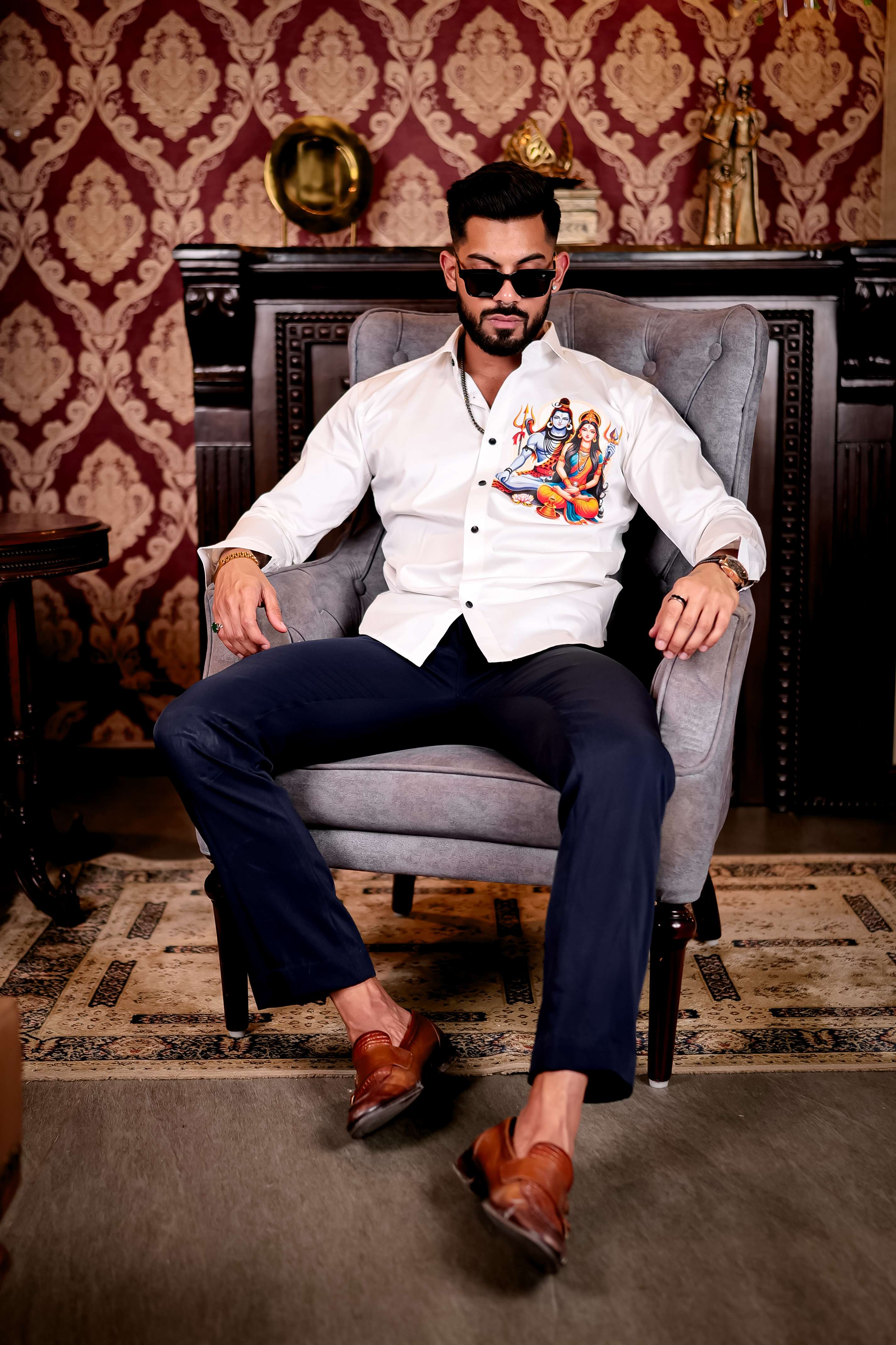 White Lord Adiparashakti Club Wear Printed Satin Cotton Shirt - Image 8