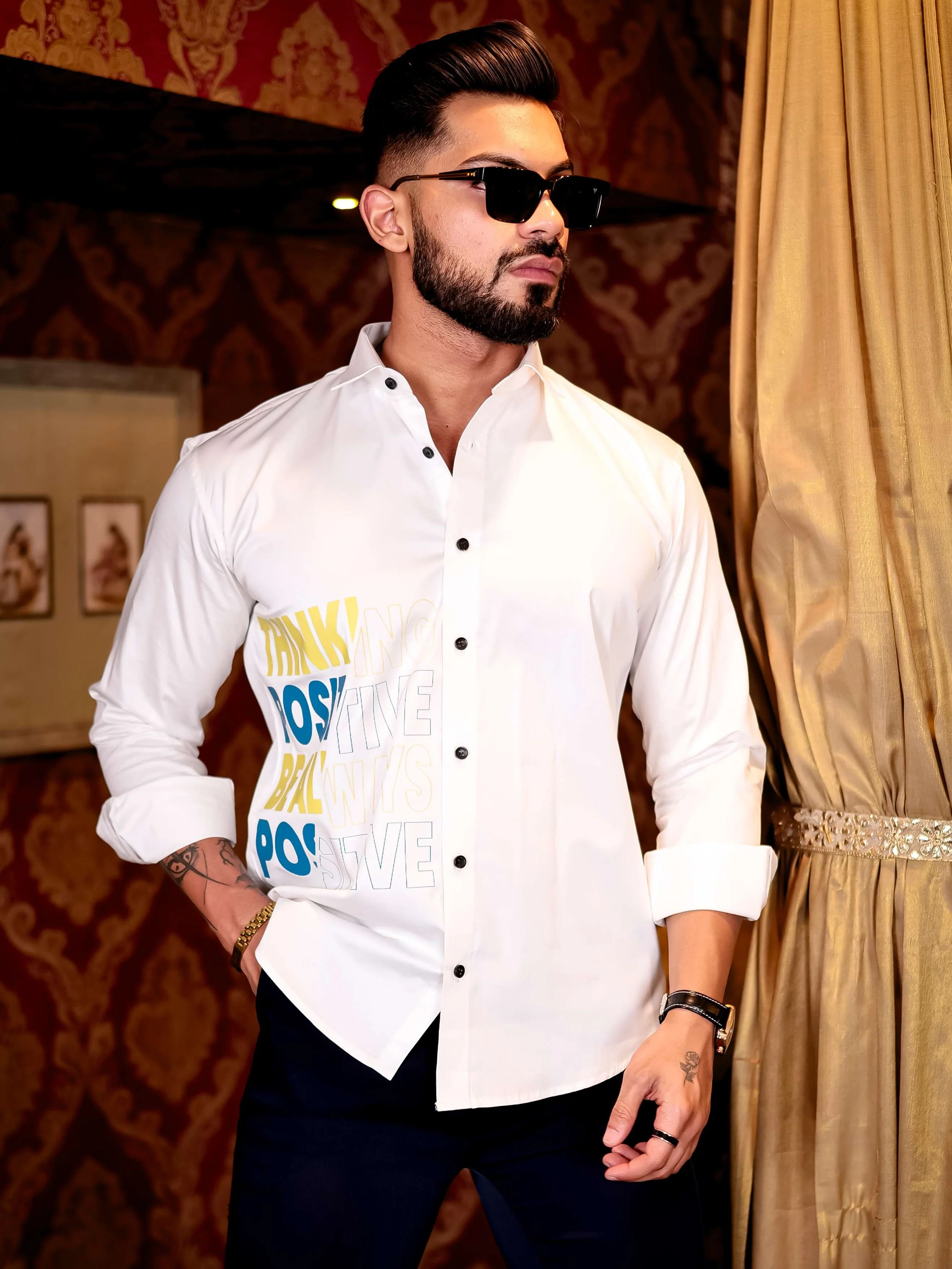 White Think Positive Be Always Positive Club Wear Printed Satin Cotton Shirt - Image 3